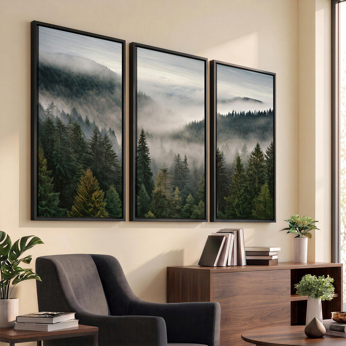 38409495-_Poster-30x20 - Misty Pine Valley Mountain Canvas Print 3 Piece Framed Wall Art Extra Large Floating Frame Nature Poster Made in USA