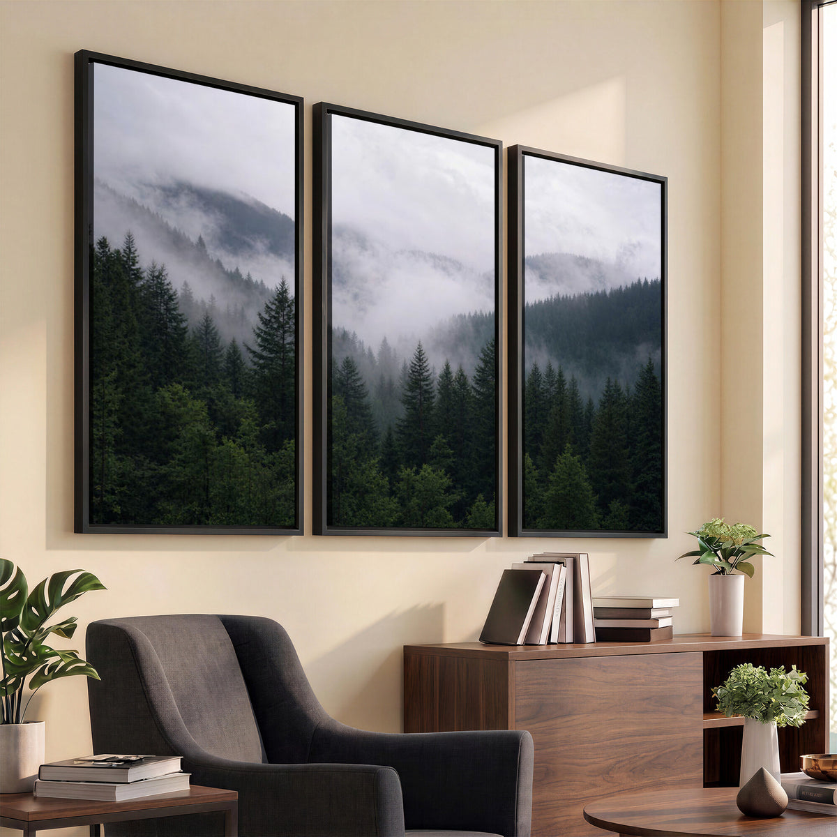 25432119-_Poster-30x20 - Misty Mountain Pine Forest Canvas Print 3 Piece Framed Wall Art Extra Large Floating Frame Nature Poster Made in USA