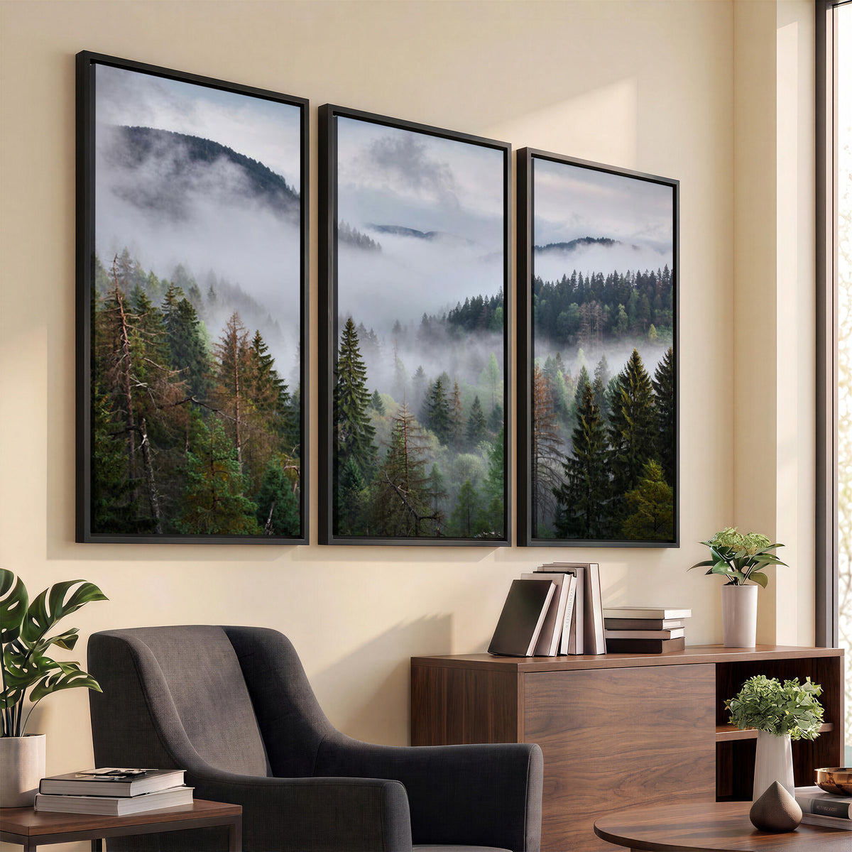 18735847-_Poster-30x20 - Foggy Pine Forest Mountain Canvas Print 3 Piece Framed Wall Art Extra Large Floating Frame Nature Poster Made in USA