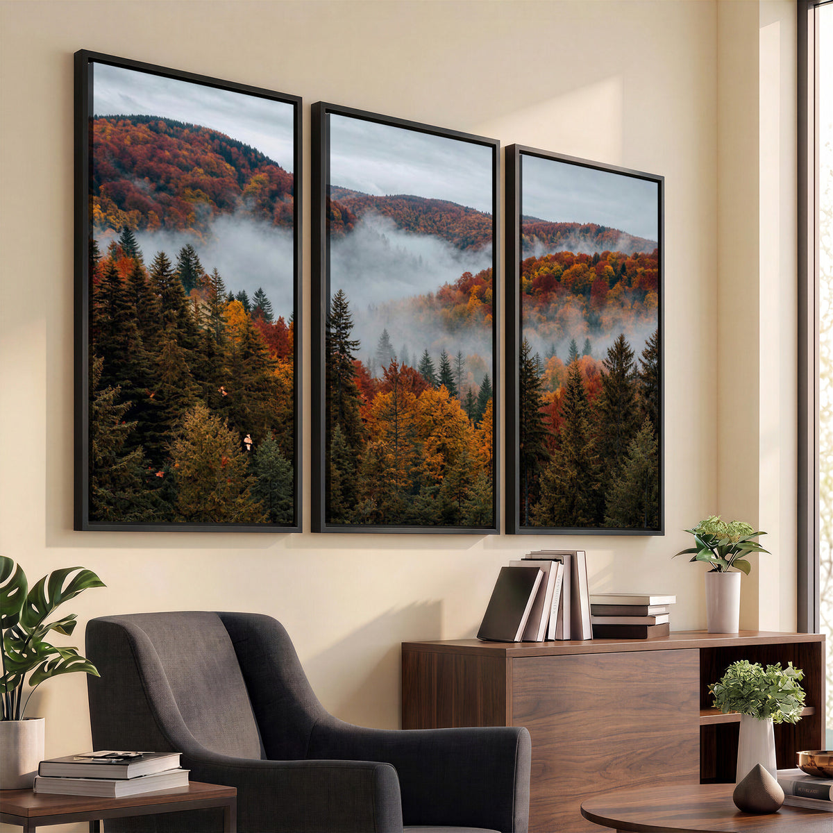 26686263-_Poster-30x20 - Misty Autumn Forest Mountain Canvas Print 3 Panel Wall Art Gallery Wrapped Floating Frame Poster Made in USA