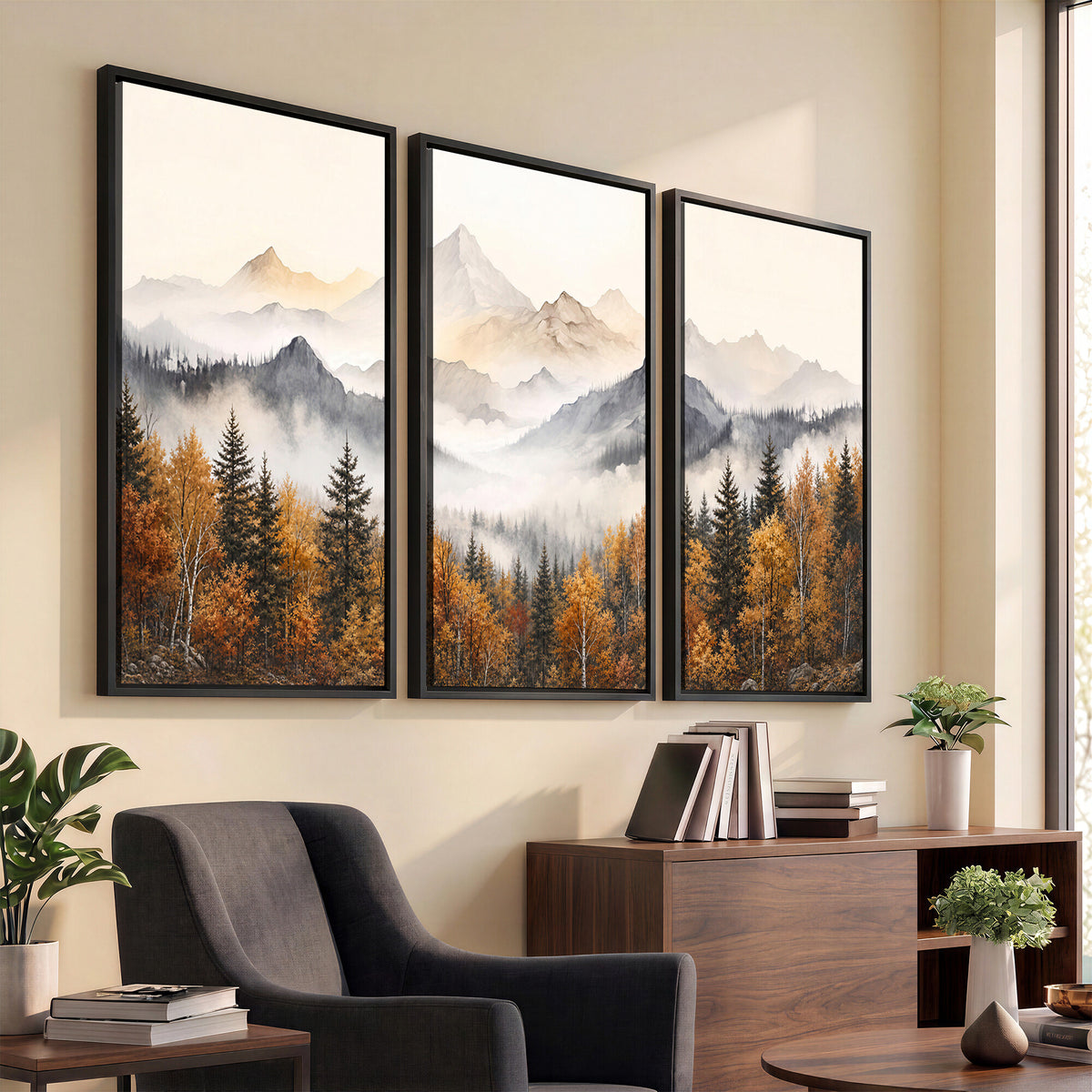 19544118-MGV-TP-30X20 - Misty Mountain Autumn Forest Canvas Wall Art - Watercolor Fall Nature Landscape Print