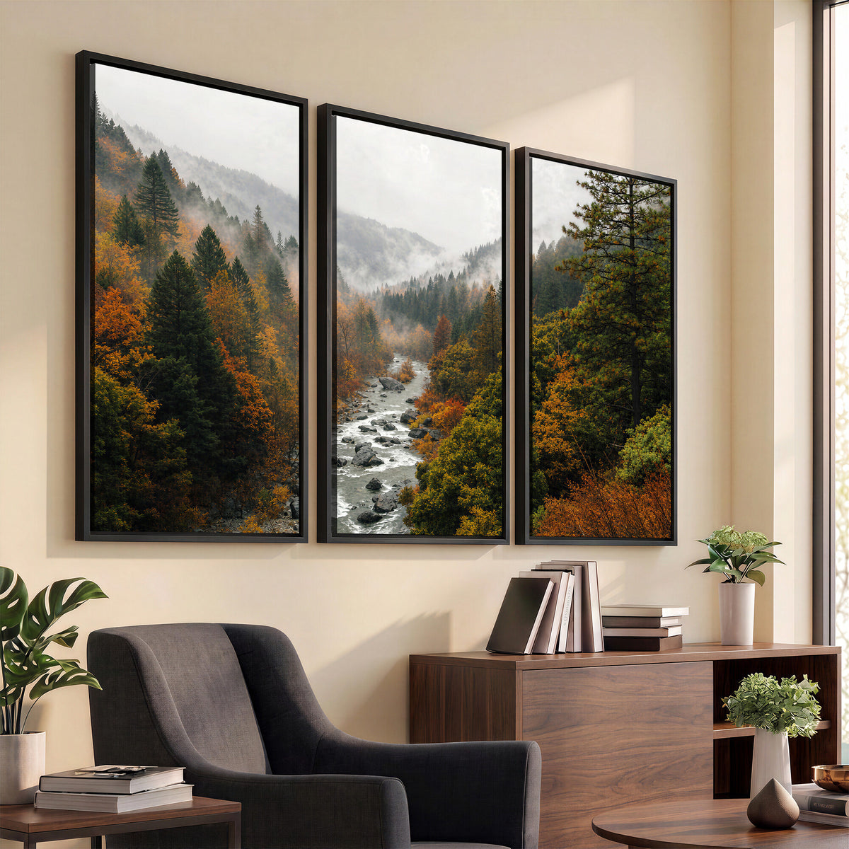 95540697-MGV-TP-30X20 - Misty River Mountain Valley Canvas Wall Art - Autumn Forest Landscape Nature Print