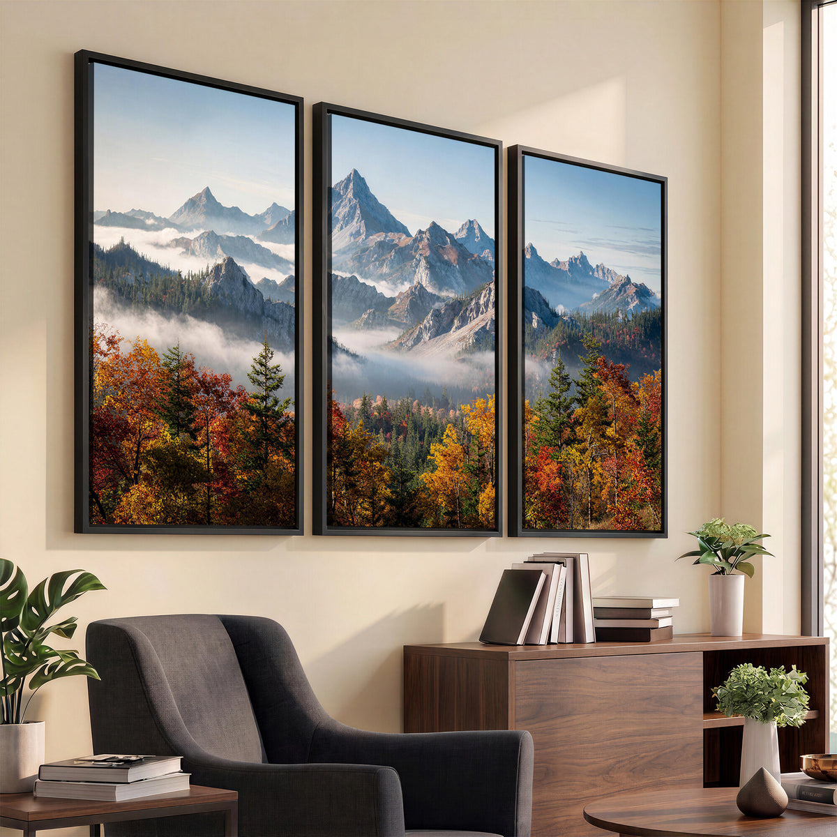 38847944-MGV-TP-30X20 - Majestic Mountain Peak Canvas Wall Art - Panoramic Autumn Forest Fog Landscape Print