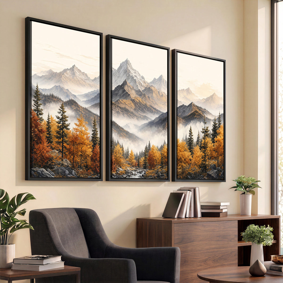 21309099-MGV-TP-30X20 - Extra Large Misty Mountain Autumn Forest Canvas Wall Art - Watercolor Fall Nature Landscape Print
