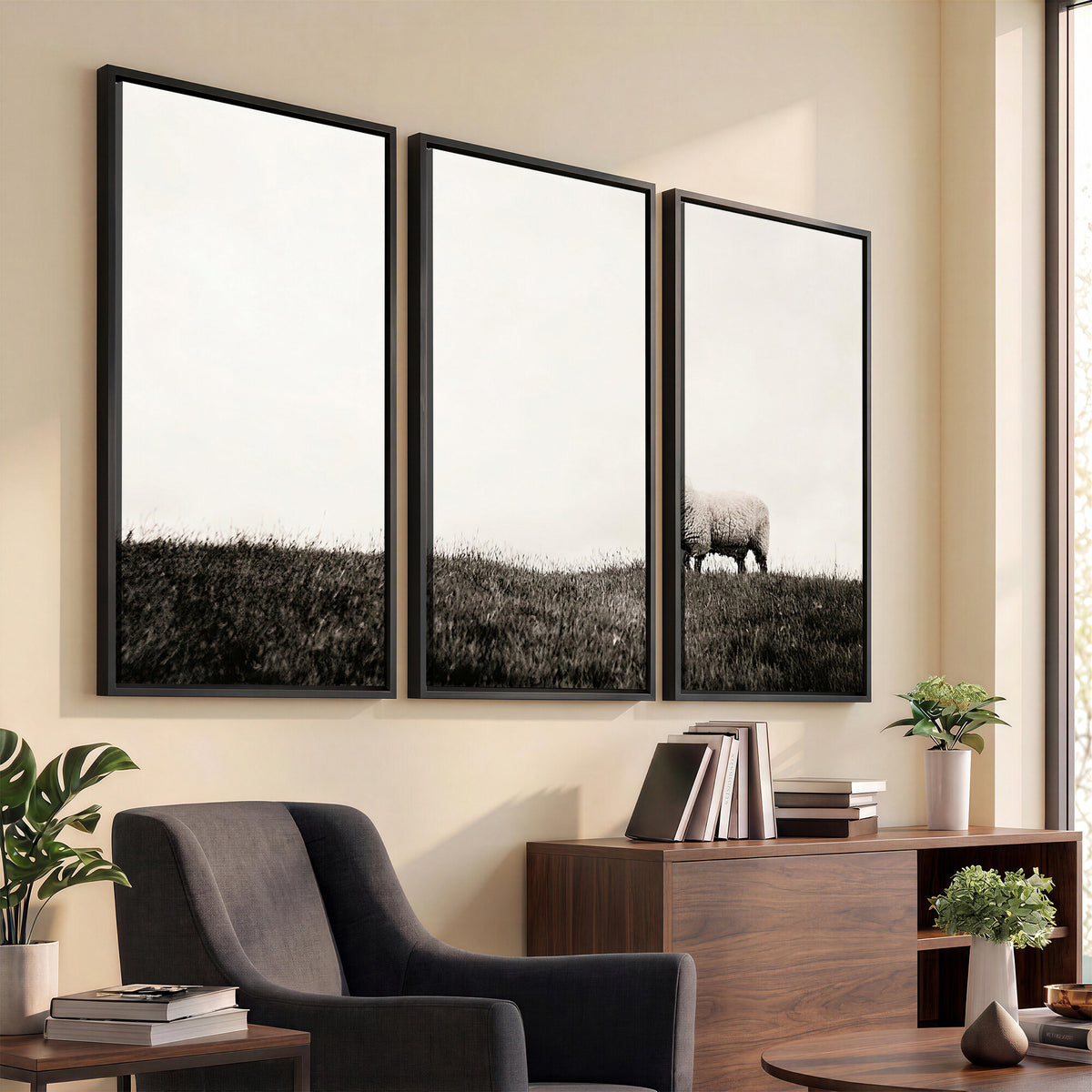 72749448-MGV-TP-30X20 - Minimalist Sepia Sheep Canvas Wall Art - Rustic Farmhouse Country Landscape Print