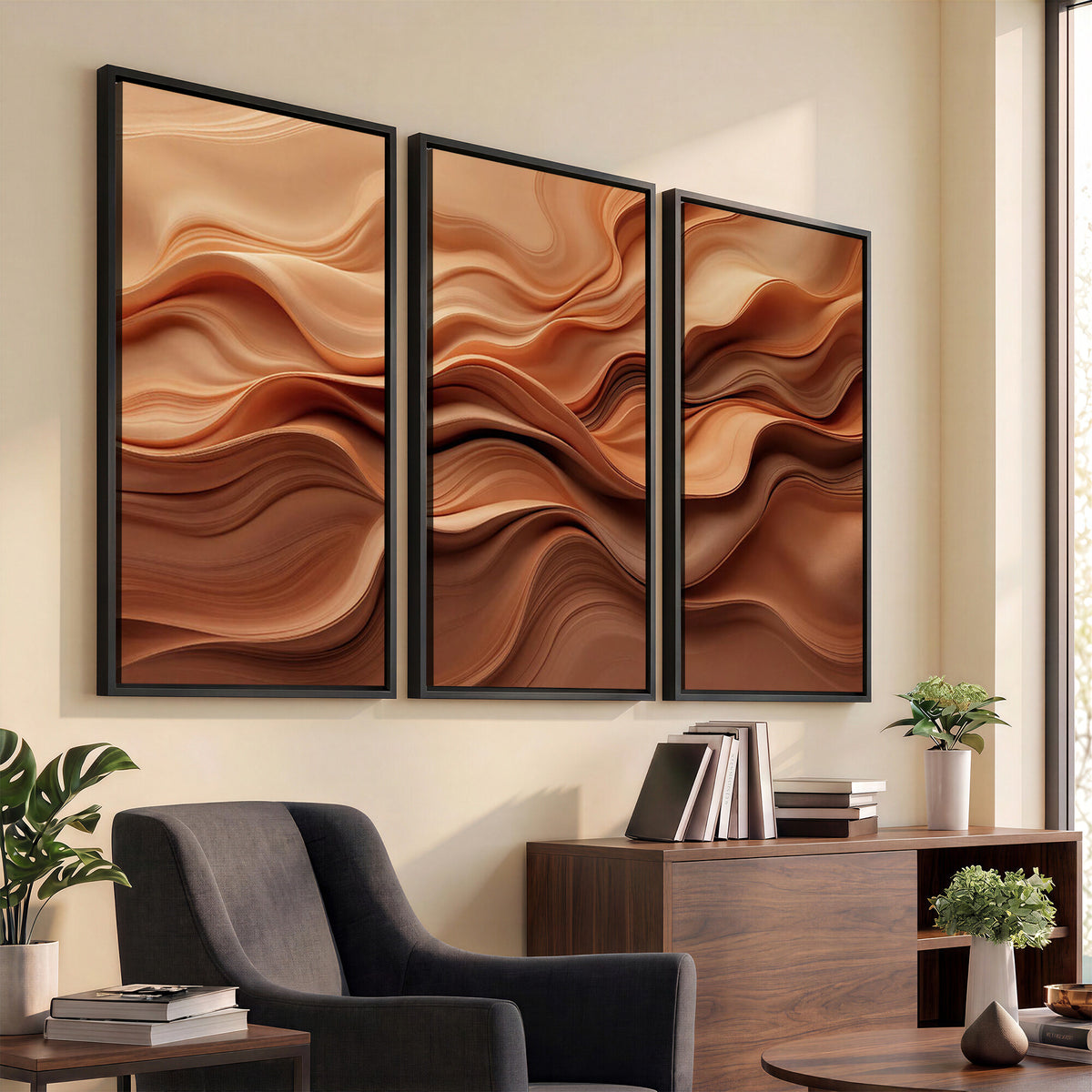 82230697-MGV-CV-36X24 - Modern Abstract Fluid Waves Canvas Wall Art - Minimalist Warm Terracotta Beige Sand Print