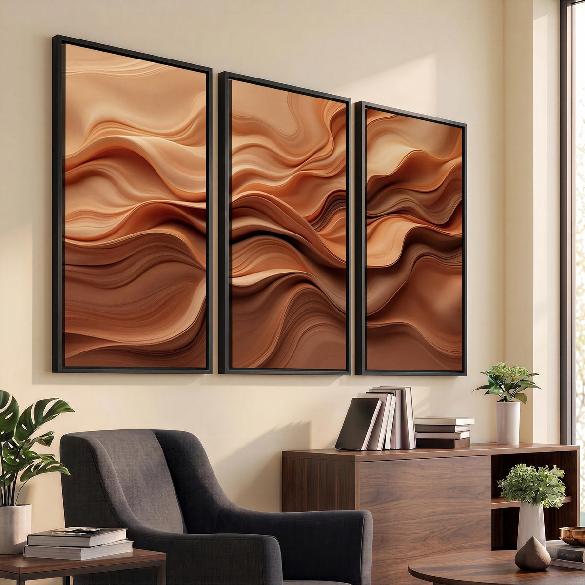 82230697-_Poster-30x20 - Modern Abstract Fluid Waves Canvas Wall Art - Minimalist Warm Terracotta Beige Sand Print