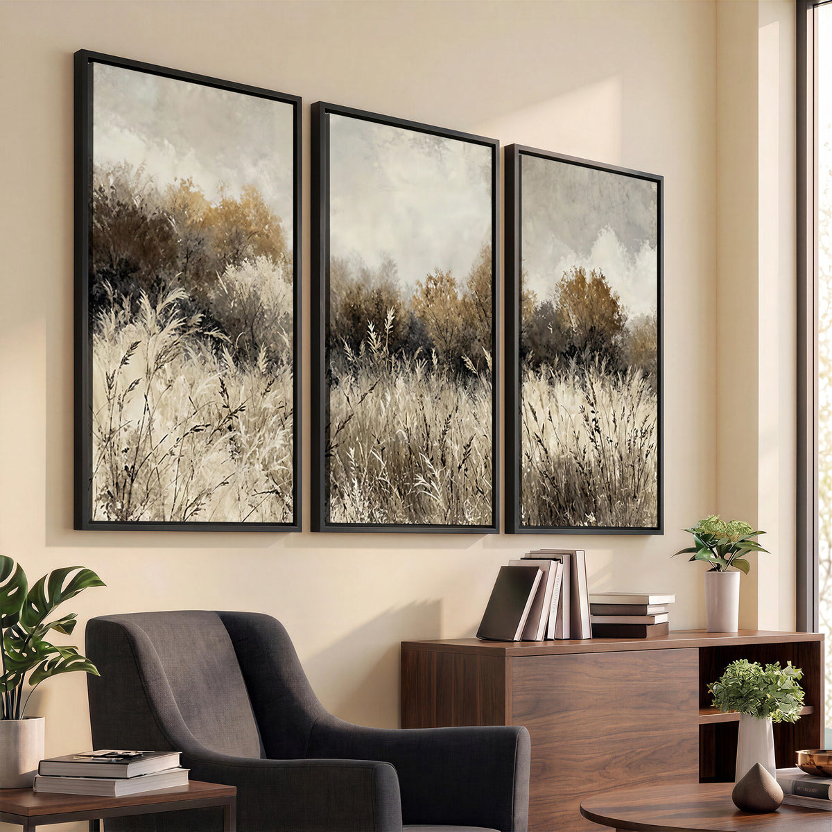 53959945-MGV-TP-30X20 - Muted Neutral Forest Landscape Canvas Wall Art - Vintage Rustic Wildflower Meadow Print