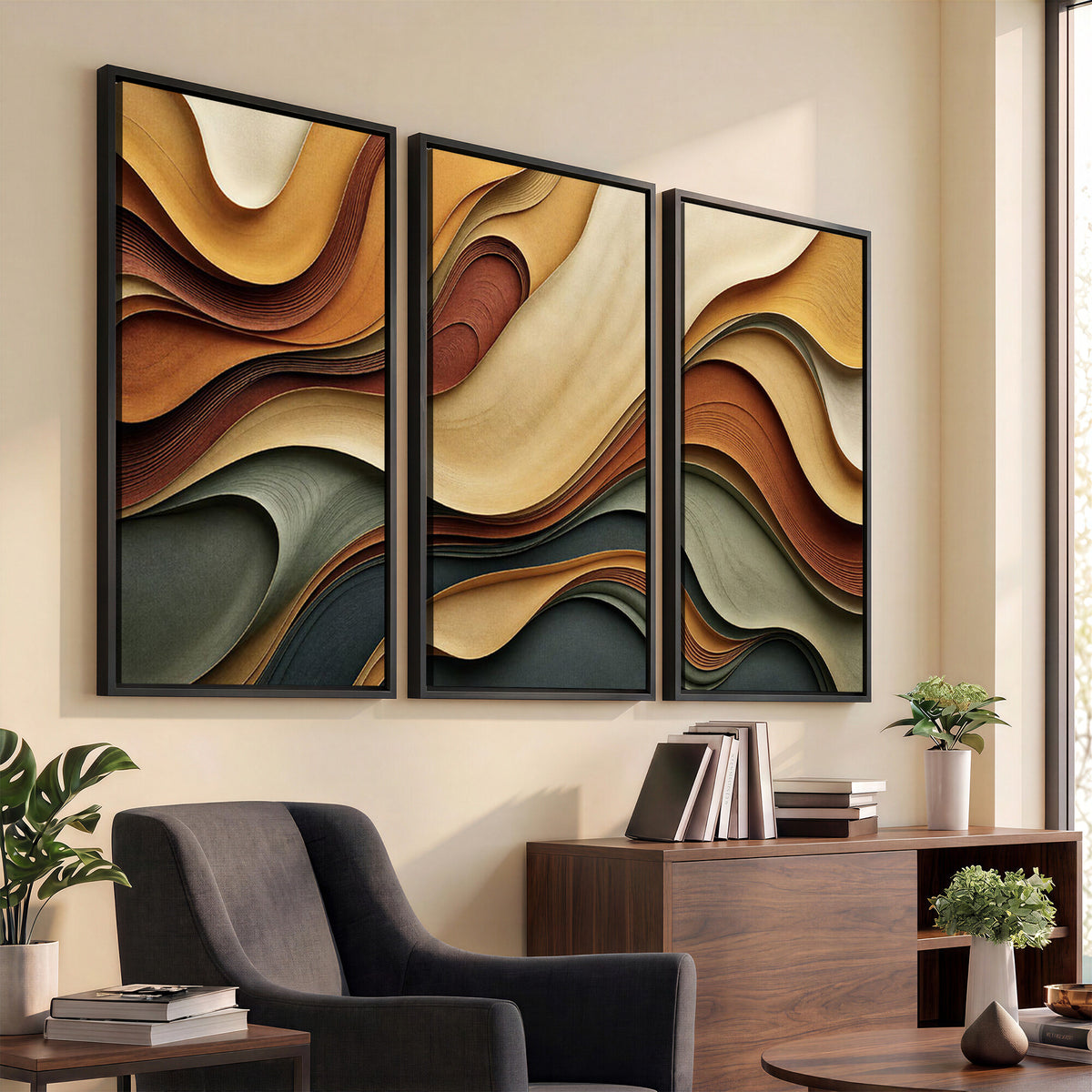 19337902-MGV-CV-36X24 - Modern Abstract Waves Canvas Wall Art - Minimalist Earthy Tone Living Room Decor