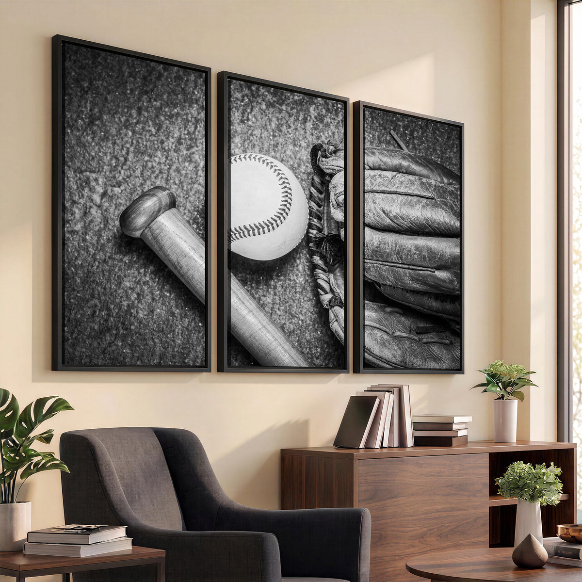 83916D-MGV-CV-36X24 - Vintage Baseball Glove and Bat Sports Wall Art Canvas Print