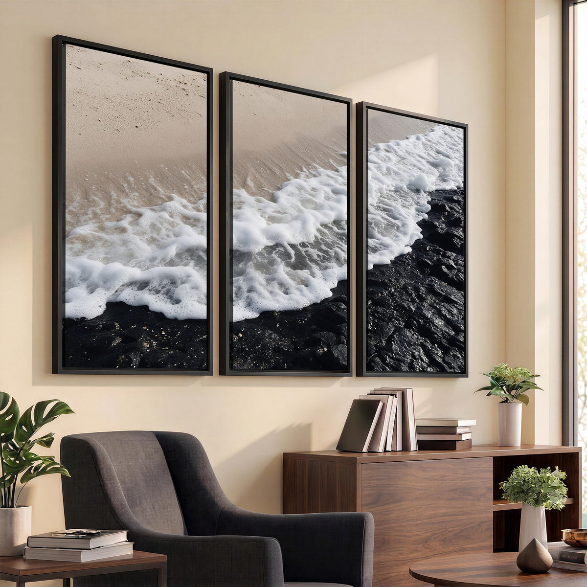 27448606-MGV-CV-24X16 - Ocean Wave Foam on Black Lava Rock Beach Canvas Wall Art Print