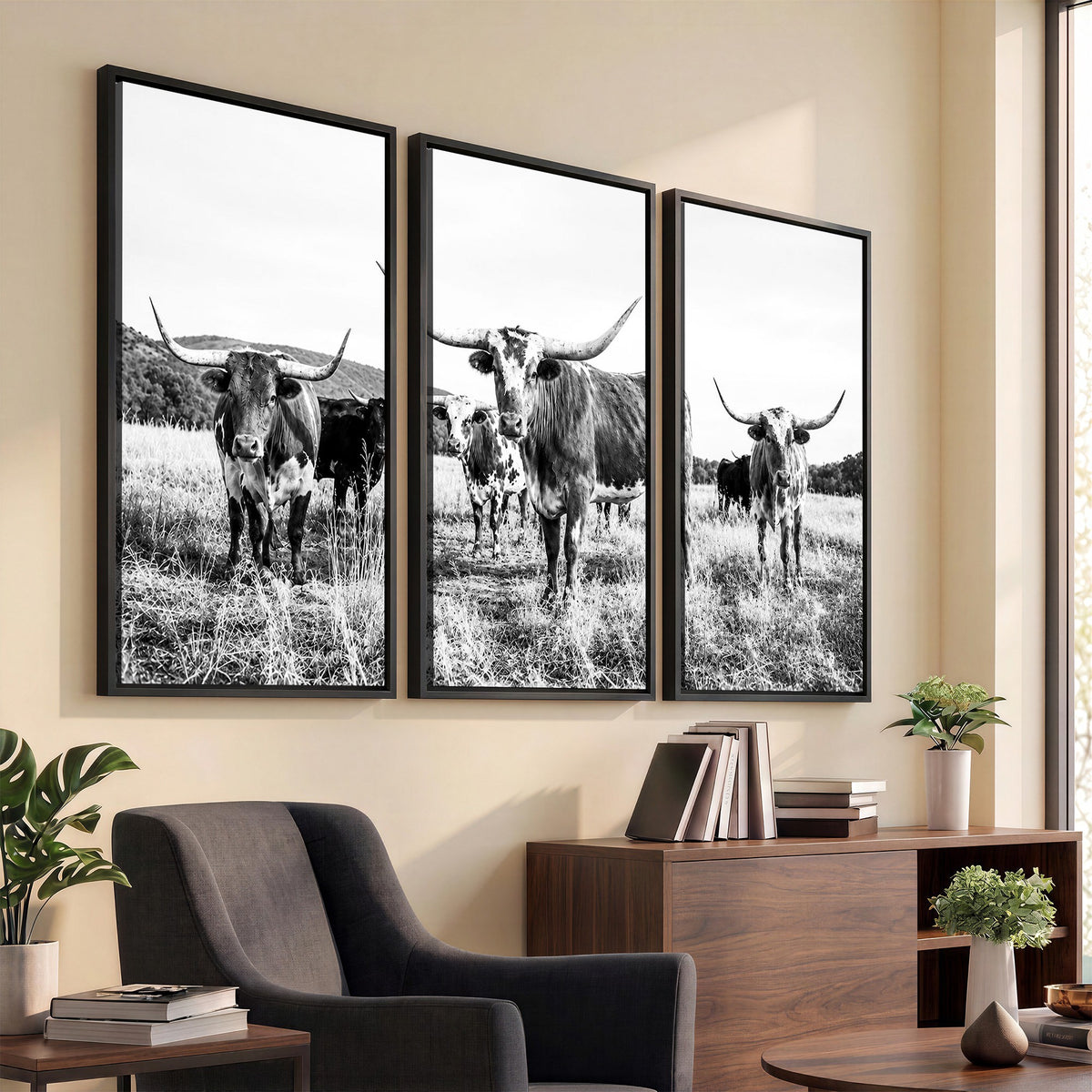 73228277-MGV-CV-48X32-3P - Black and White Longhorn Cattle Canvas Print, Western Ranch Wall Decor