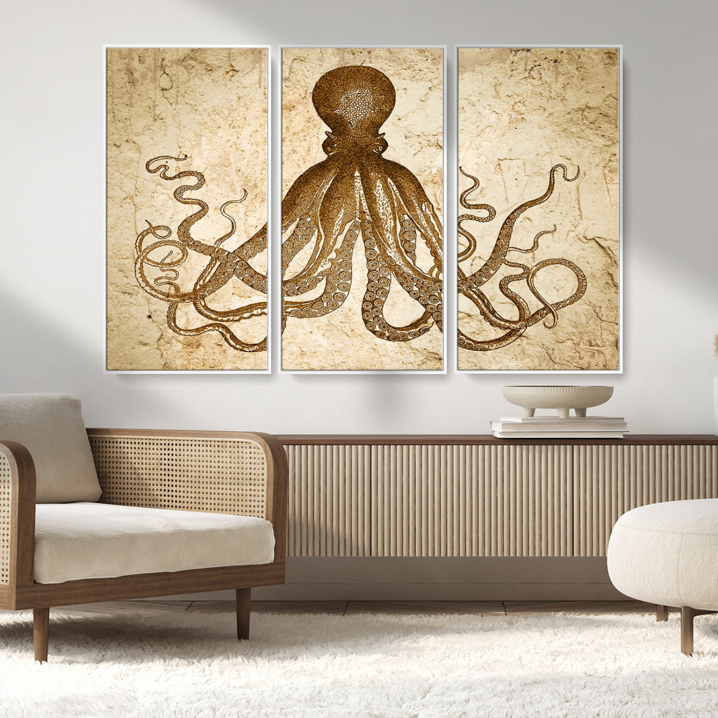 MGV-FC-48X32-3P - Sepia Octopus Wall Art Abstract Animal Canvas Print