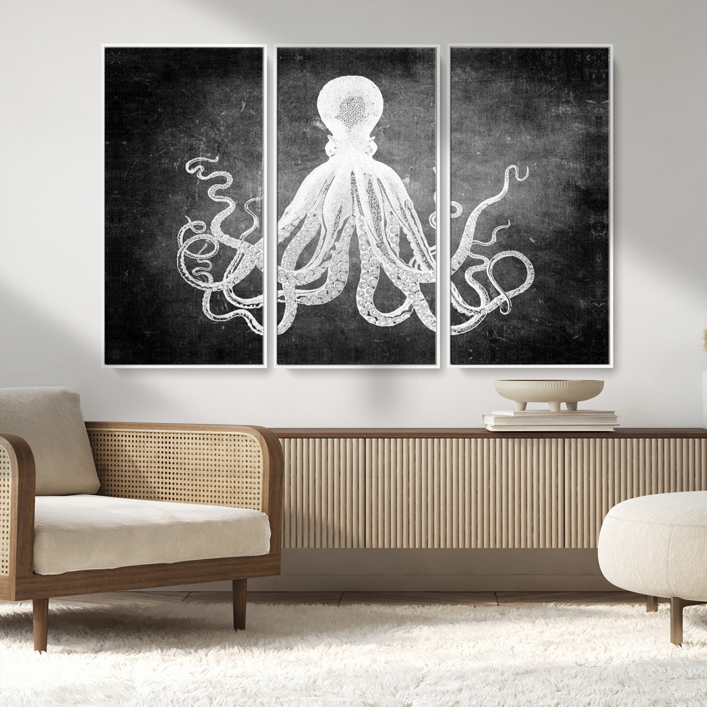 MGV-FC-48X32-3P - Black White Octopus Wall Art Canvas Print
