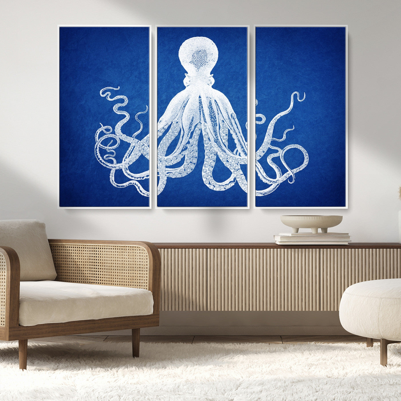 MGV-FC-48X32-3P - Large 3-Panel Blue Octopus Canvas Wall Art | Coastal Marine Life Artwork for Living Room, Bedroom,