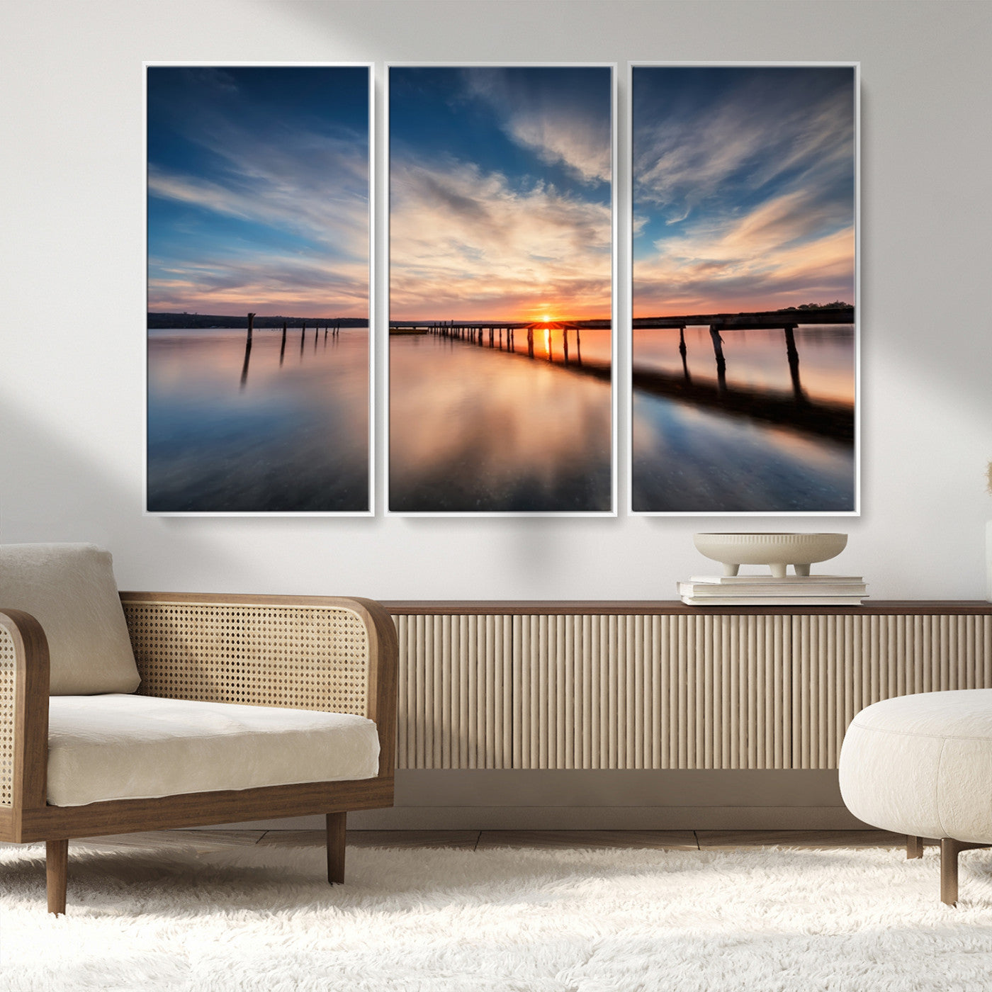 MGV-FC-48X32-3P - Wooden Pier on Seascape and Sunset Wall Art Canvas Print