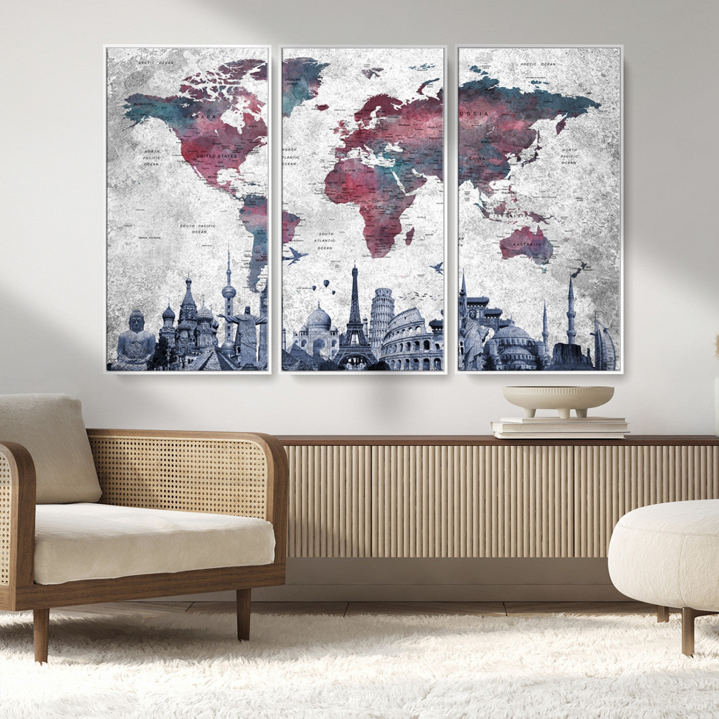 MGV-FC-48X32-3P - Push Pin World Map Canvas Print – Framed Wall Art for Couples to Track Their Travels – Anniversary