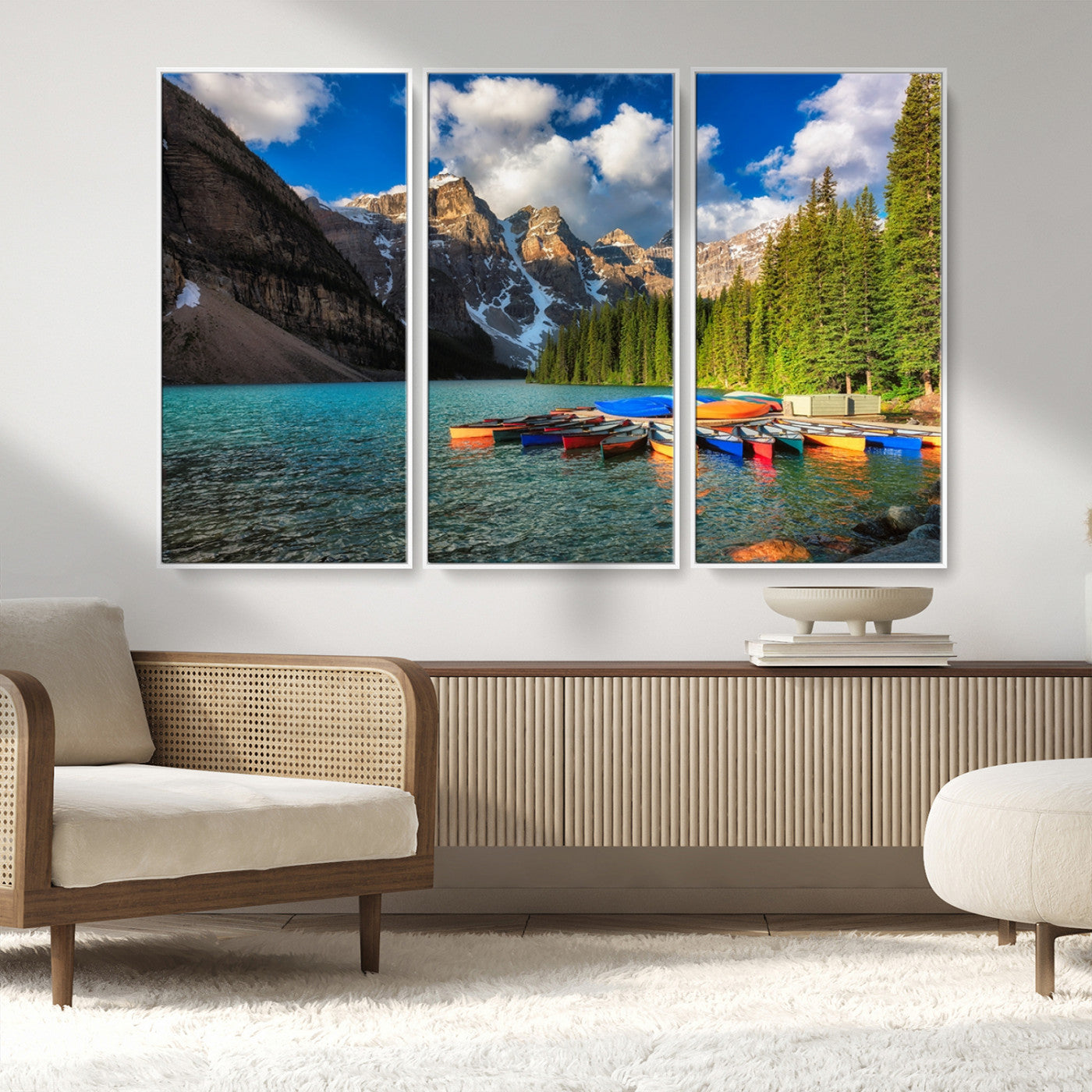 MGV-FC-48X32-3P - Moraine Lake 3-Panel Wall Art, Majestic Mountain and Lake Landscape Canvas Print Canoes on Moraine