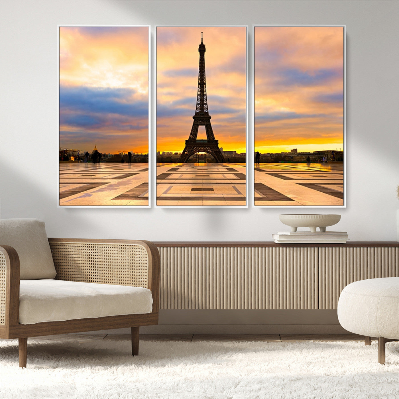 MGV-FC-48X32-3P - Paris Eiffel Tower Sunset Canvas Wall Art Print - Iconic Landmark Decor with Vibrant Colors