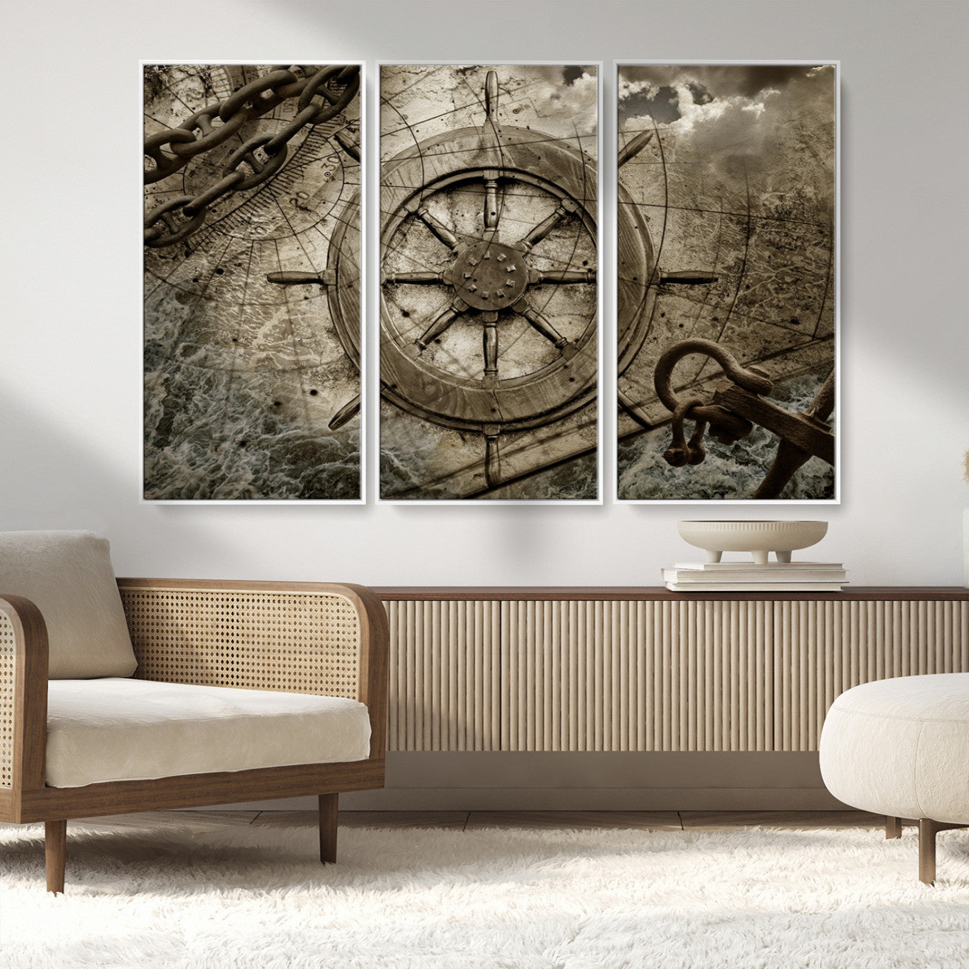 MGV-FC-48X32-3P - Wooden Ship Wheel Canvas Print, Multi Panel Canvas Wall Art Print