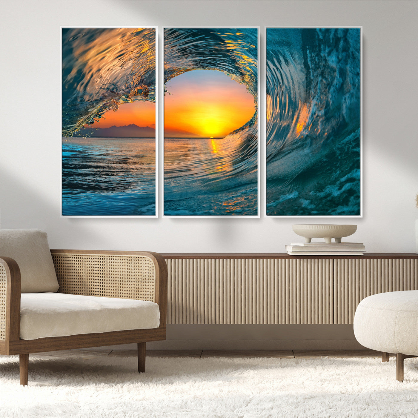 MGV-FC-48X32-3P - Ocean Wave Sunset Wall Art | Large Coastal Wave Canvas Print | 3-Panel Ocean Sunset Seascape for