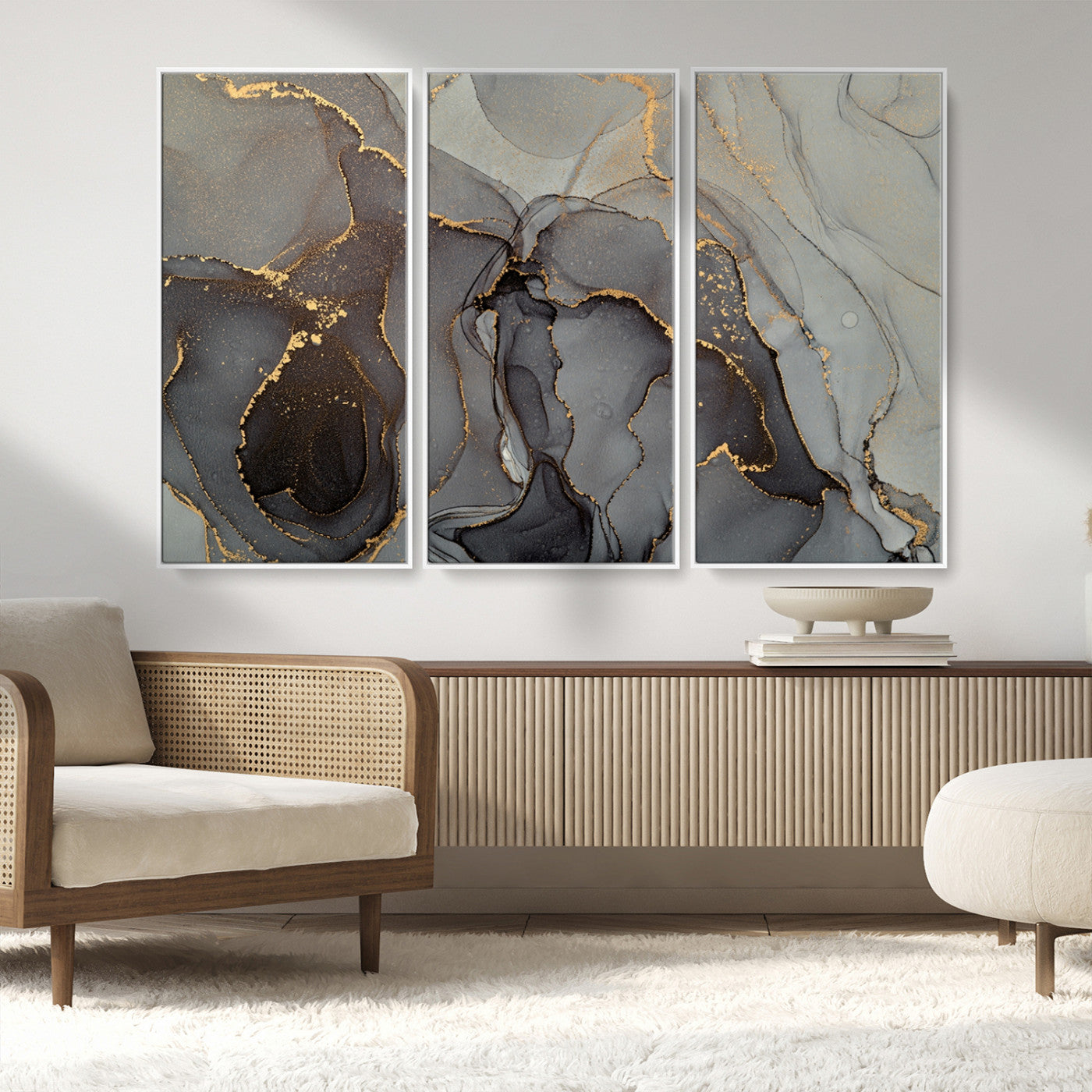 MGV-FC-48X32-3P - Gray Marble Fluid Effect Wall Art Abstract Canvas Wall Art Print