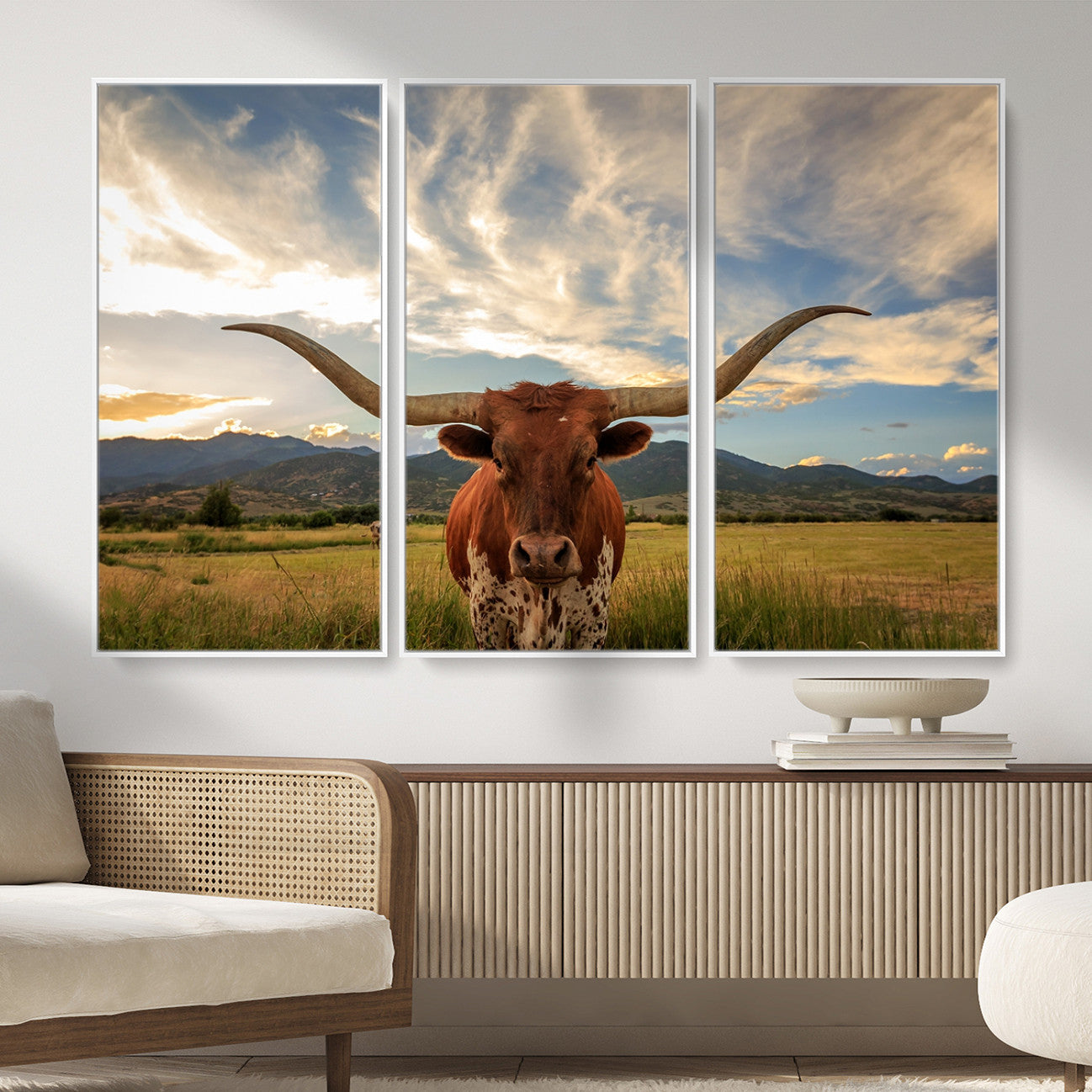 55416-MGV-CV-36X24 - Texas Longhorn Canvas Wall Art – Majestic Triptych Animal Print – Rustic Western Decor for Living Room