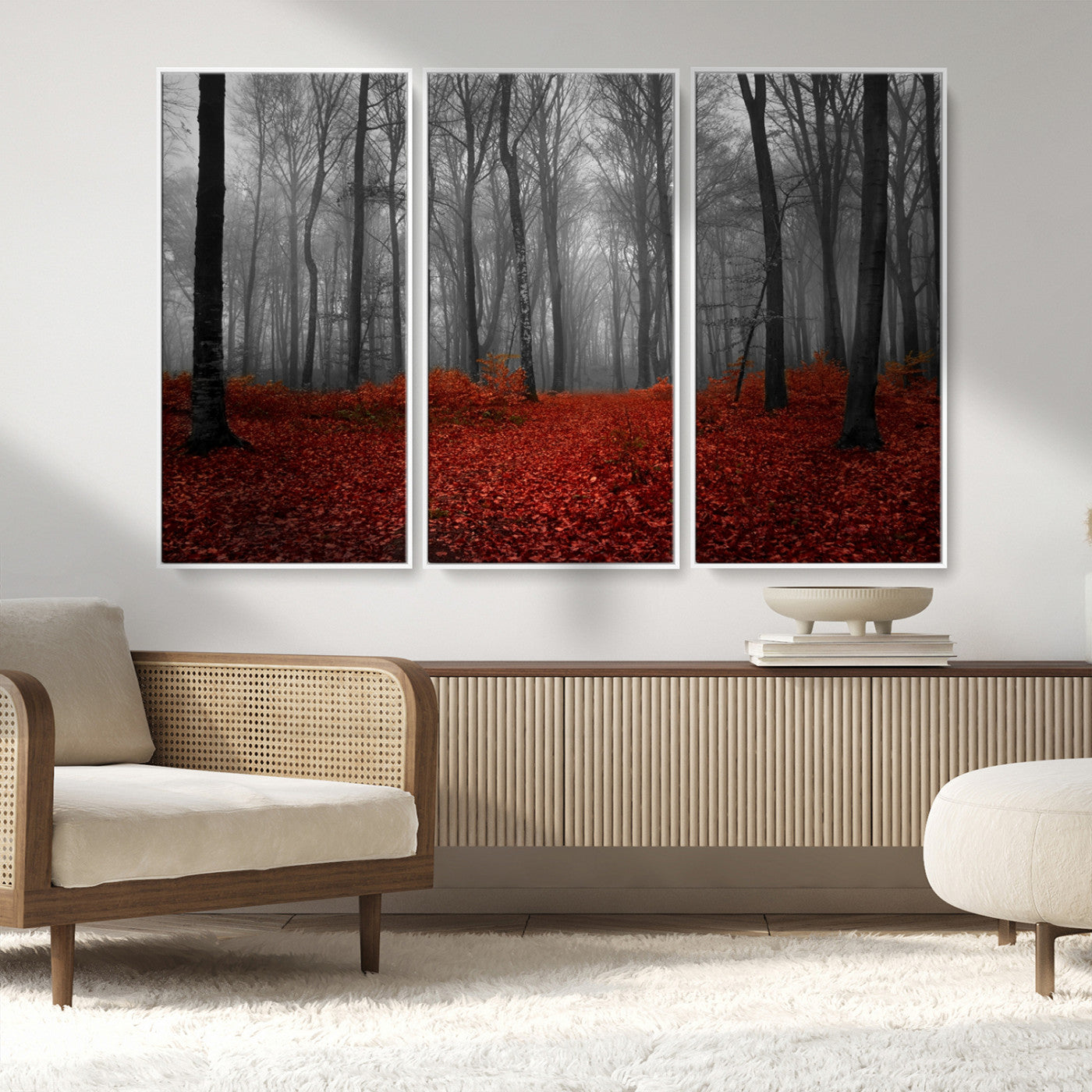 MGV-FC-48X32-3P - Red Forest Floor Canvas Wall Art – Mystical Foggy Woodland Triptych – Nature-Inspired Decor for