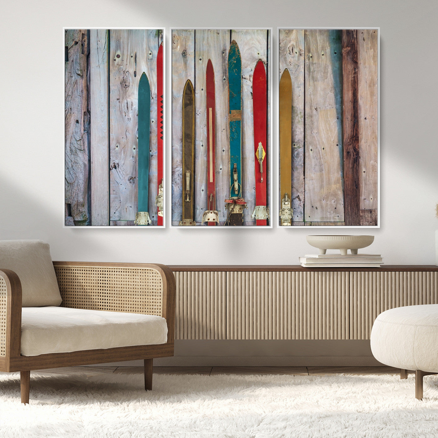 MGV-FC-48X32-3P - Vintage Wooden Weathered Ski's in Front of an Old Barn Wall Art Canvas Print for Farmhouse, Cabin