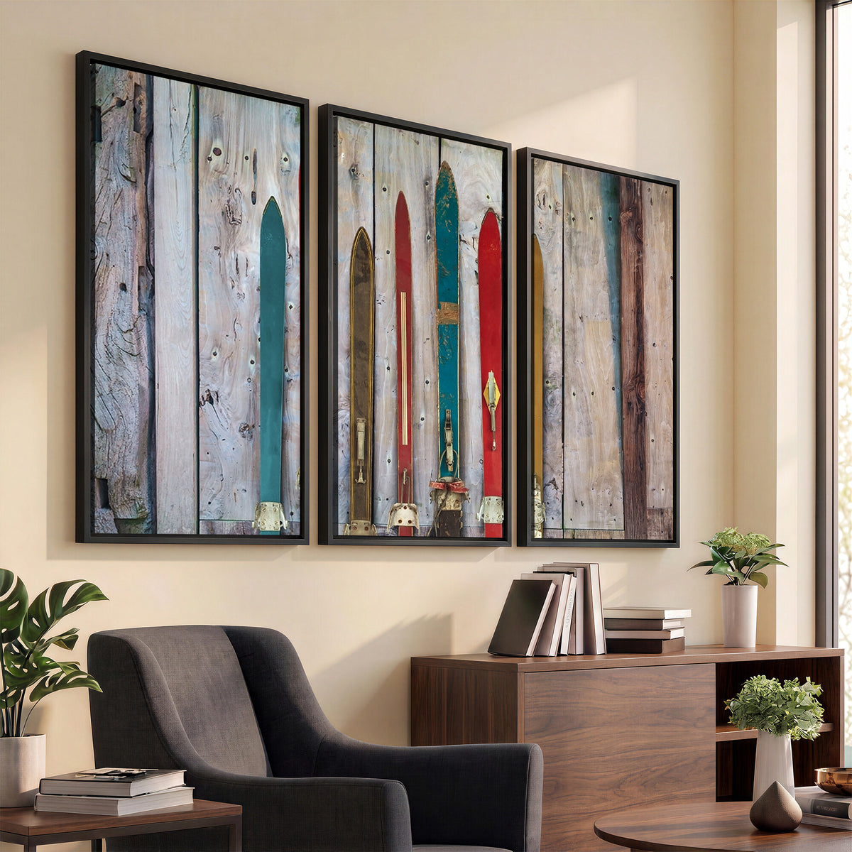 30640-MGV-CV-36X24 - Vintage Wooden Weathered Skis in Front of an Old Barn Wall Art Canvas Print