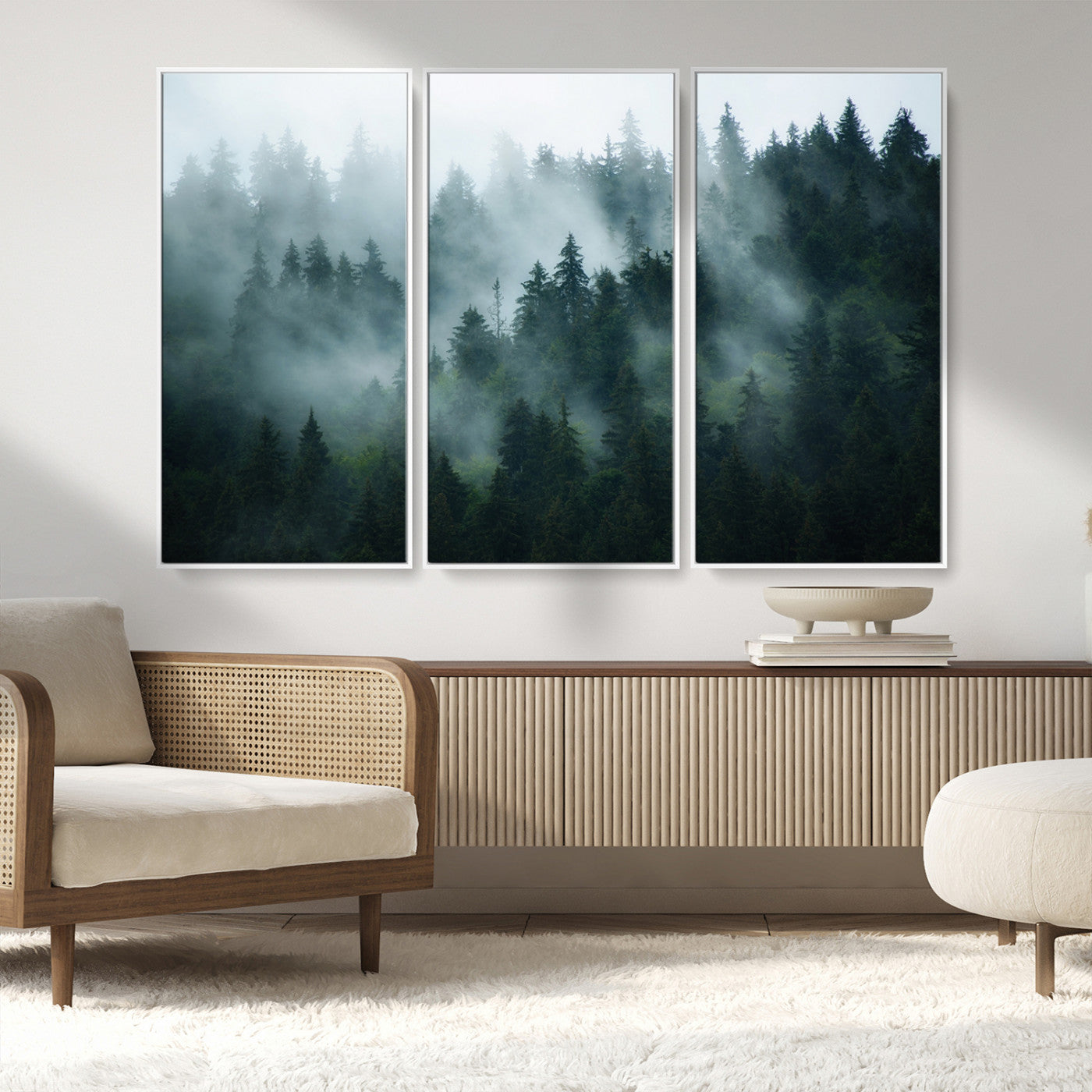 MGV-FC-48X32-3P - Foggy Forest 3-Panel Canvas Wall Art | Large Giclée Nature Scene Print for Living Room, Office, or