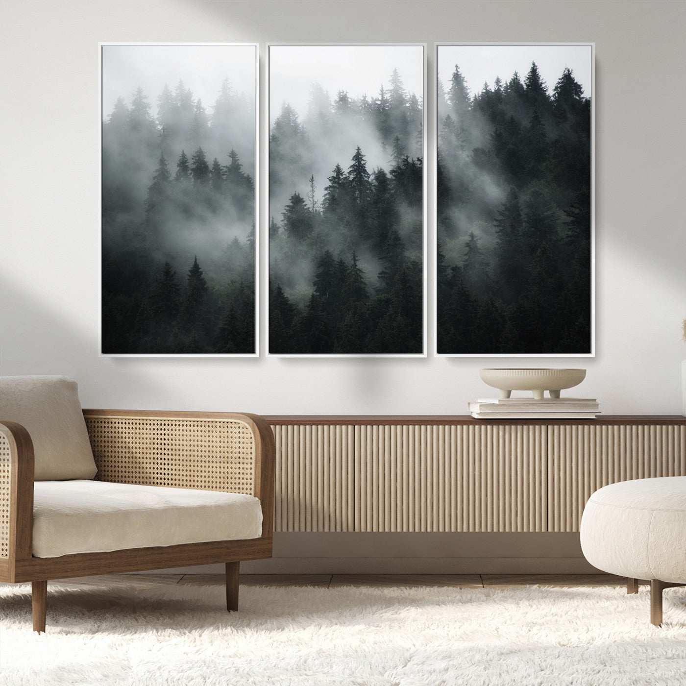 MGV-FC-48X32-3P - Foggy Forest Wall Art Canvas Print | 3 Panel Large Misty Landscape for Dining Room, Office, or