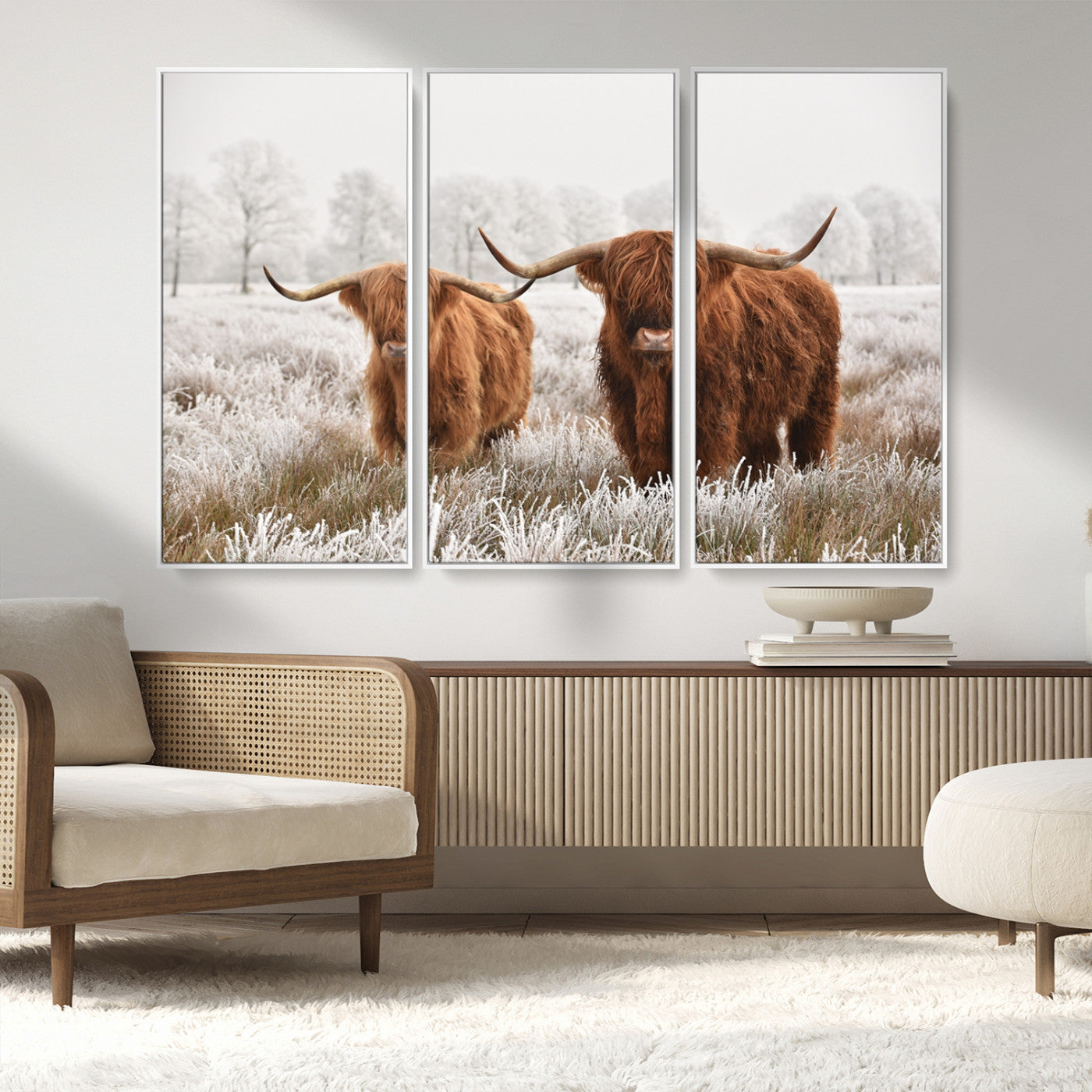 MGV-FC-48X32-3P - Longhorn Cattle Wall Art Canvas Print, Framed Farmhouse Style Art Picture Print, Rustic Cow Perfect Rustic Farmhouse Decor Artwork
