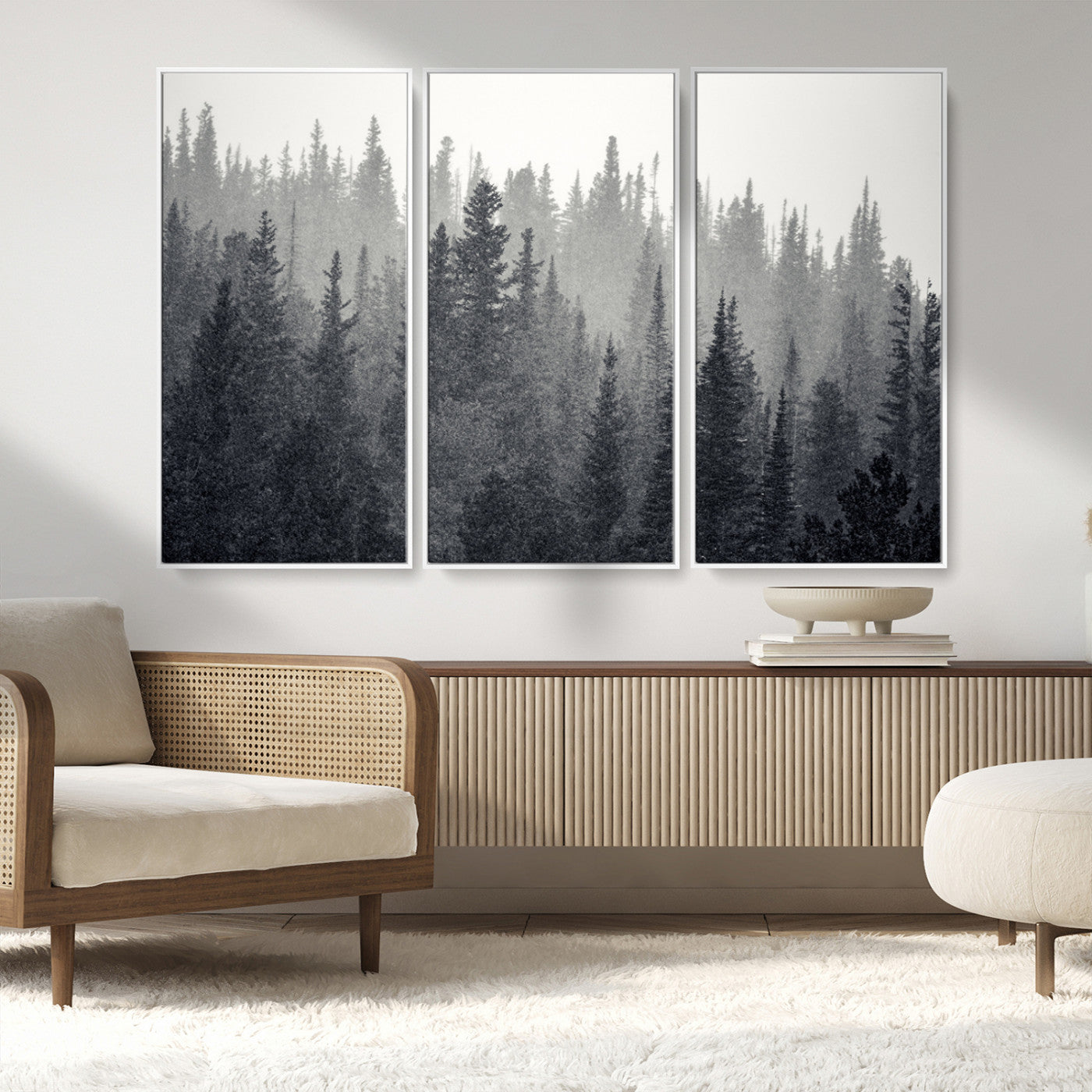 MGV-FC-48X32-3P - Misty Forest Canvas Wall Art – Monochrome Triptych Pine Tree Print – Nature-Inspired Home Decor –
