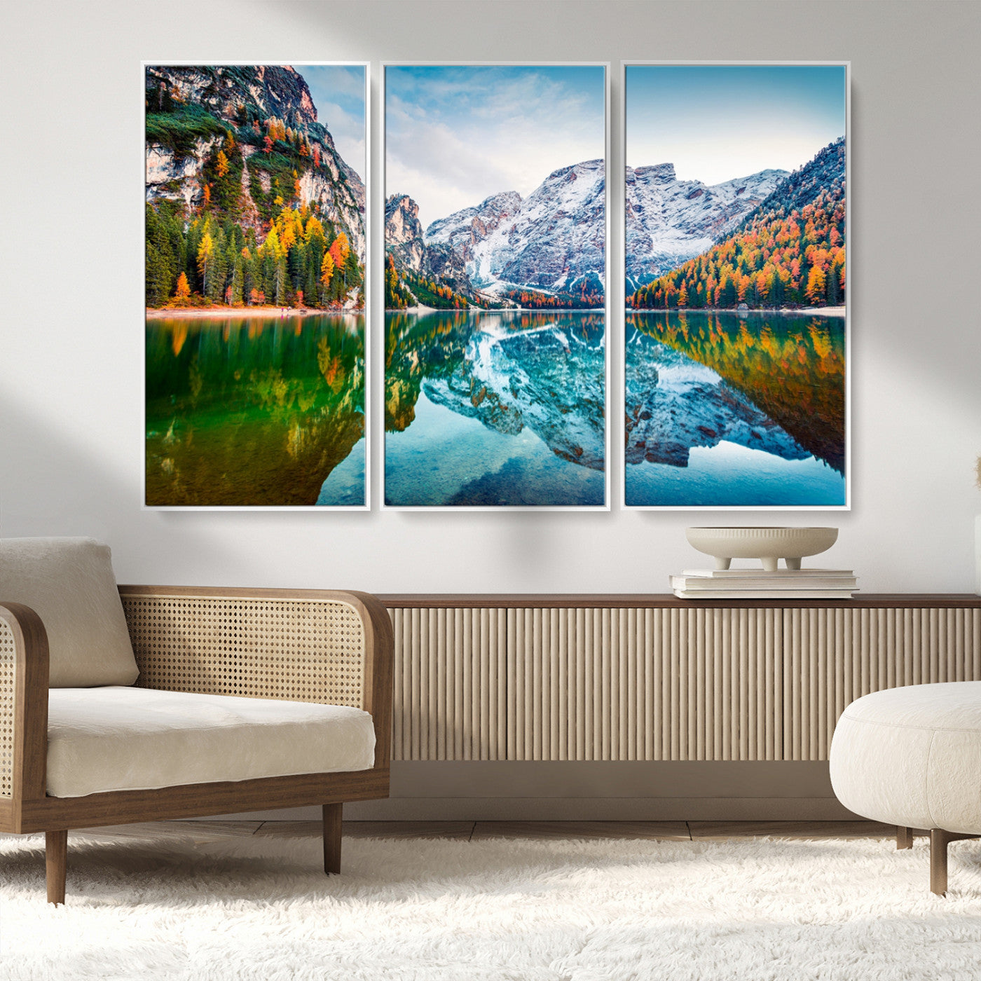 MGV-FC-48X32-3P - Spectacular autumn view of Braies Lake Wall Art Canvas Print