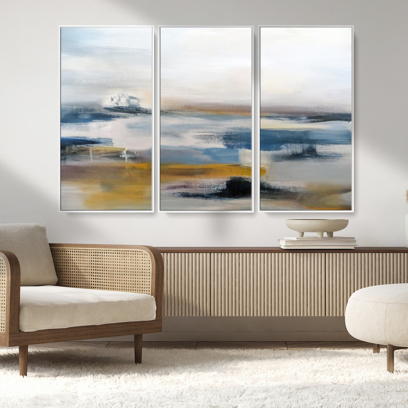 MGV-FC-48X32-3P - Abstract Landscape Wall Art Canvas | 3 Panel Modern Blue, Gold, and White Canvas Art for Living