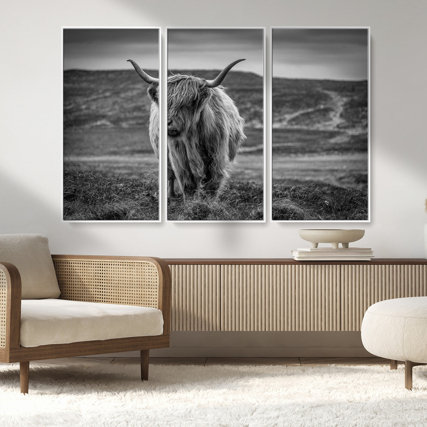 MGV-FC-48X32-3P - Fluffy Cattle Wall Art Print, Highland Cow Canvas, Framed Black and white Wall Art