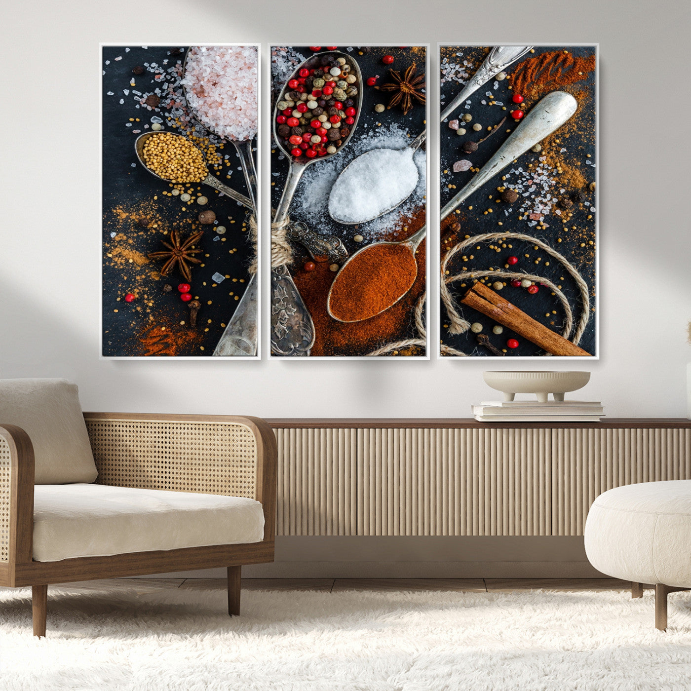 MGV-FC-48X32-3P - Spices and Seasonings Canvas Wall Art – Colorful Triptych Kitchen Decor – Culinary Art for Dining