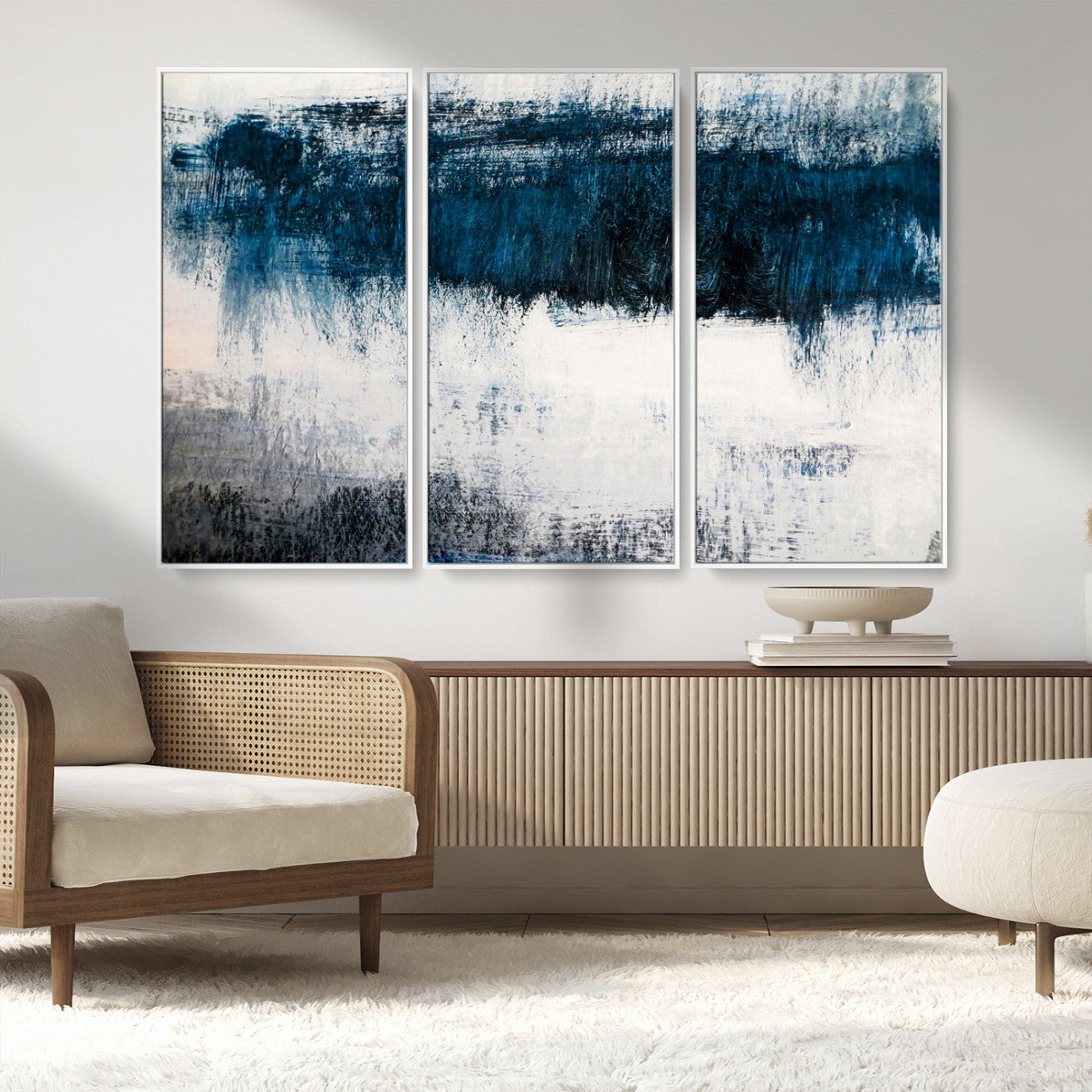 MGV-FC-48X32-3P - Abstract Blue and White Canvas Art | Large Wall Art for Modern Living Room Decor | Minimalist