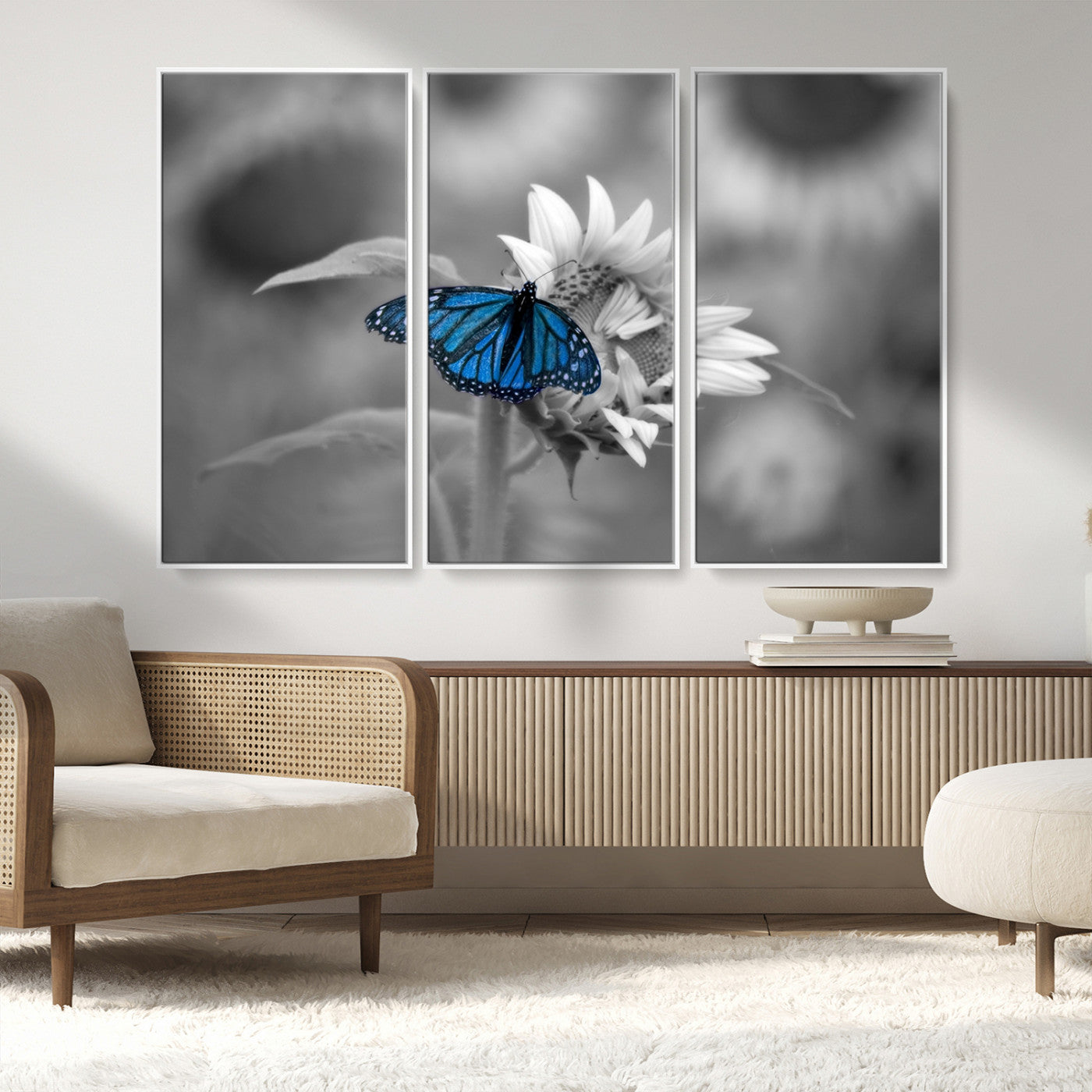 MGV-FC-48X32-3P - Blue Butterfly Black and White Canvas Wall Art