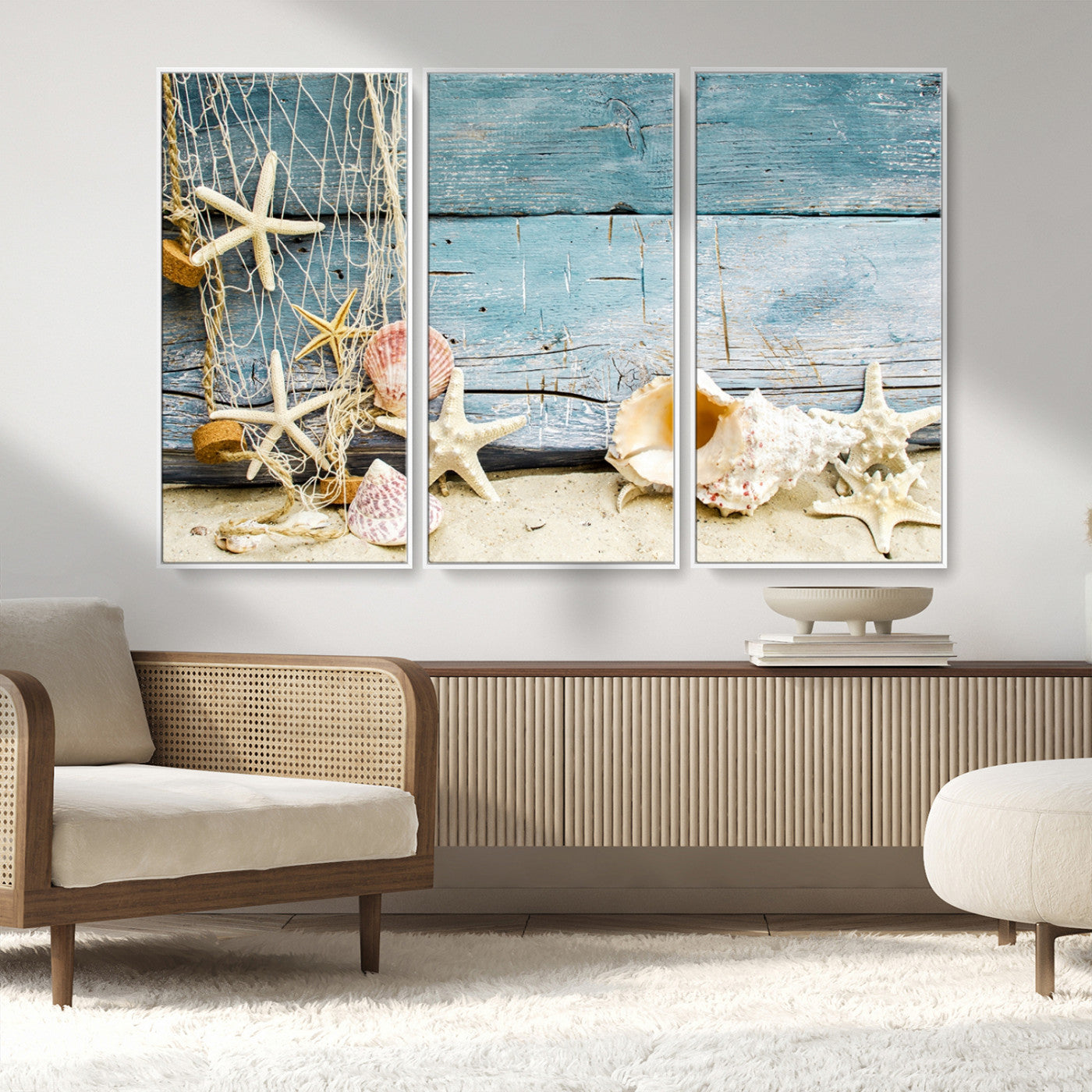 MGV-FC-48X32-3P - Seashells on Rustic Wooden Background, Seashells Wall Art Canvas Print