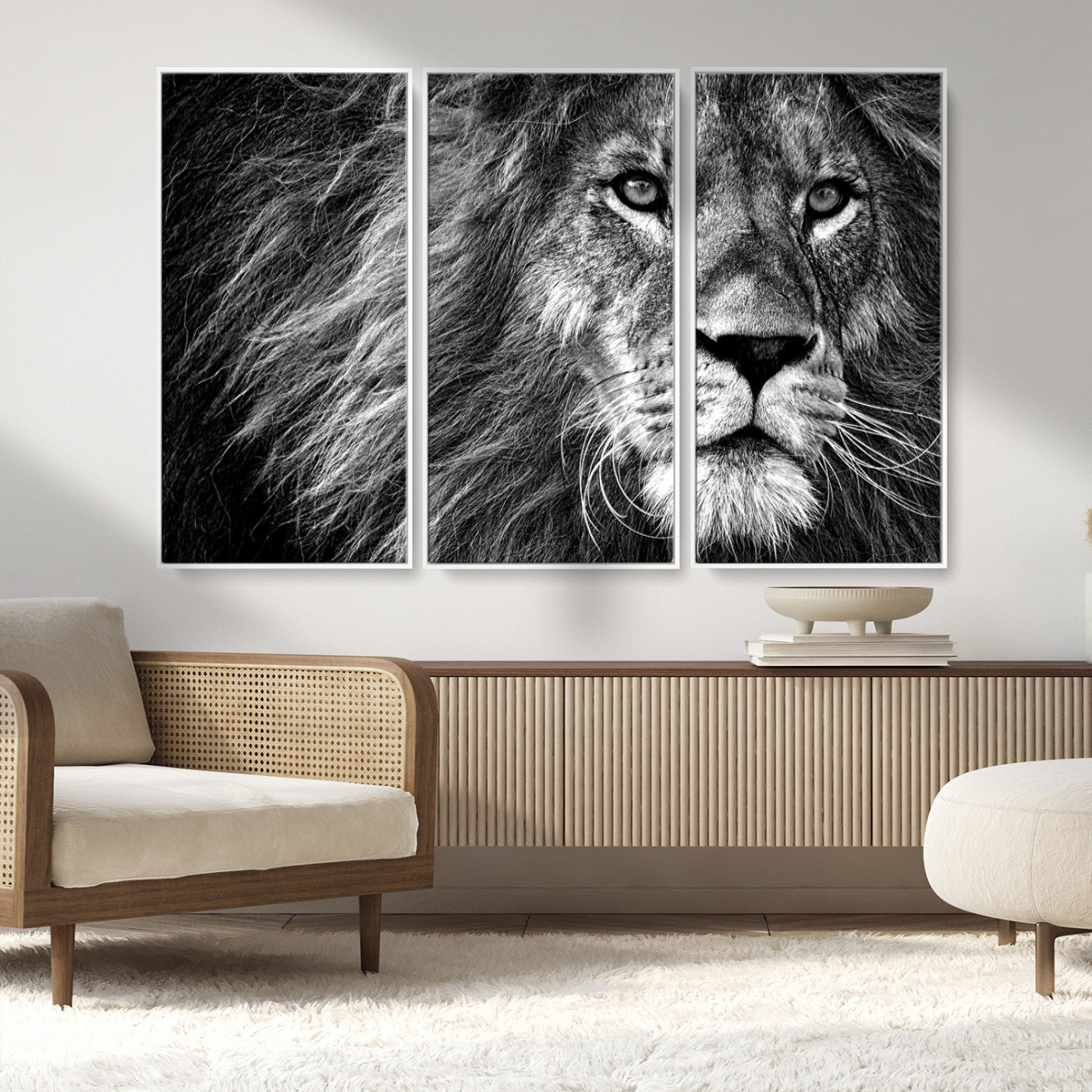 MGV-FC-48X32-3P - Black and White Lion Canvas Wall Art Print