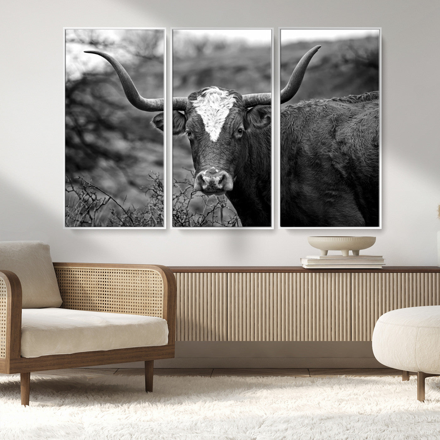 MGV-FC-48X32-3P - Western Home Wall Art Canvas Print, Framed Texas Longhorn Art Picture Print, Rustic Cow Perfect Rustic Farmhouse Decor Artwork