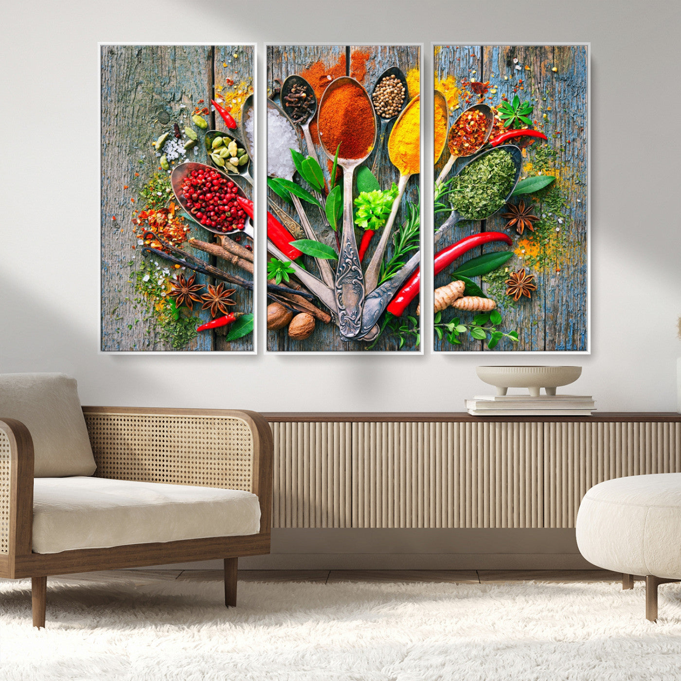 MGV-FC-48X32-3P - Spoonful of Spices Cooking Wall Art Canvas Print - Vibrant Kitchen Decor Triptych – Culinary Art