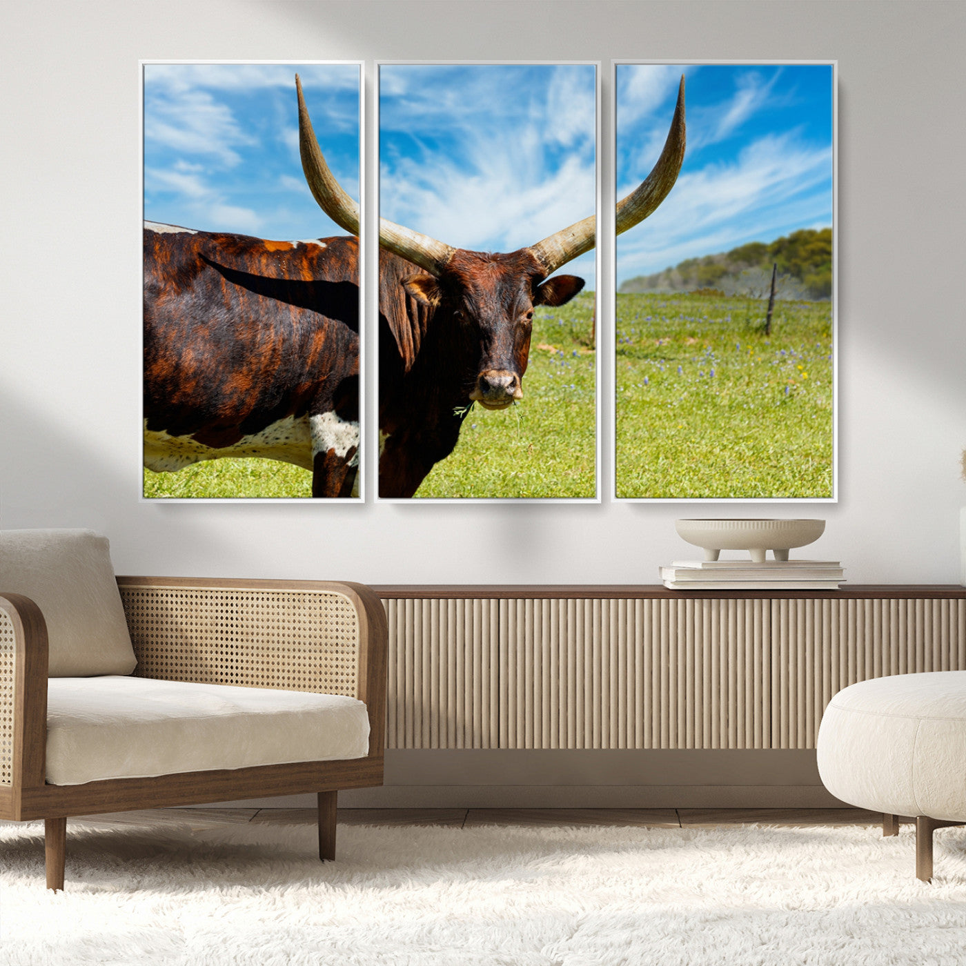 MGV-FC-48X32-3P - Longhorn and Cow Wall Art, Country Cow Wall Decor Canvas Print