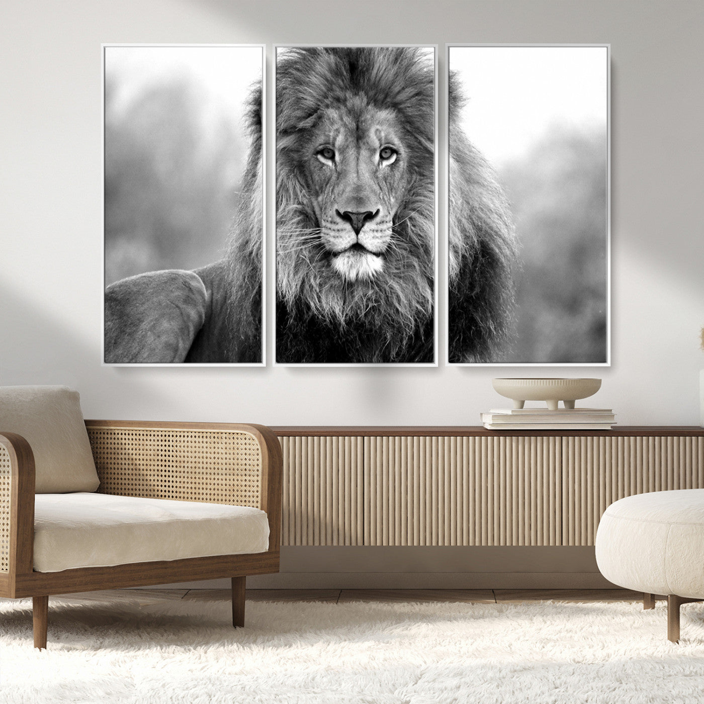 MGV-FC-48X32-3P - Black and White Lion Canvas Wall Art Animal Print