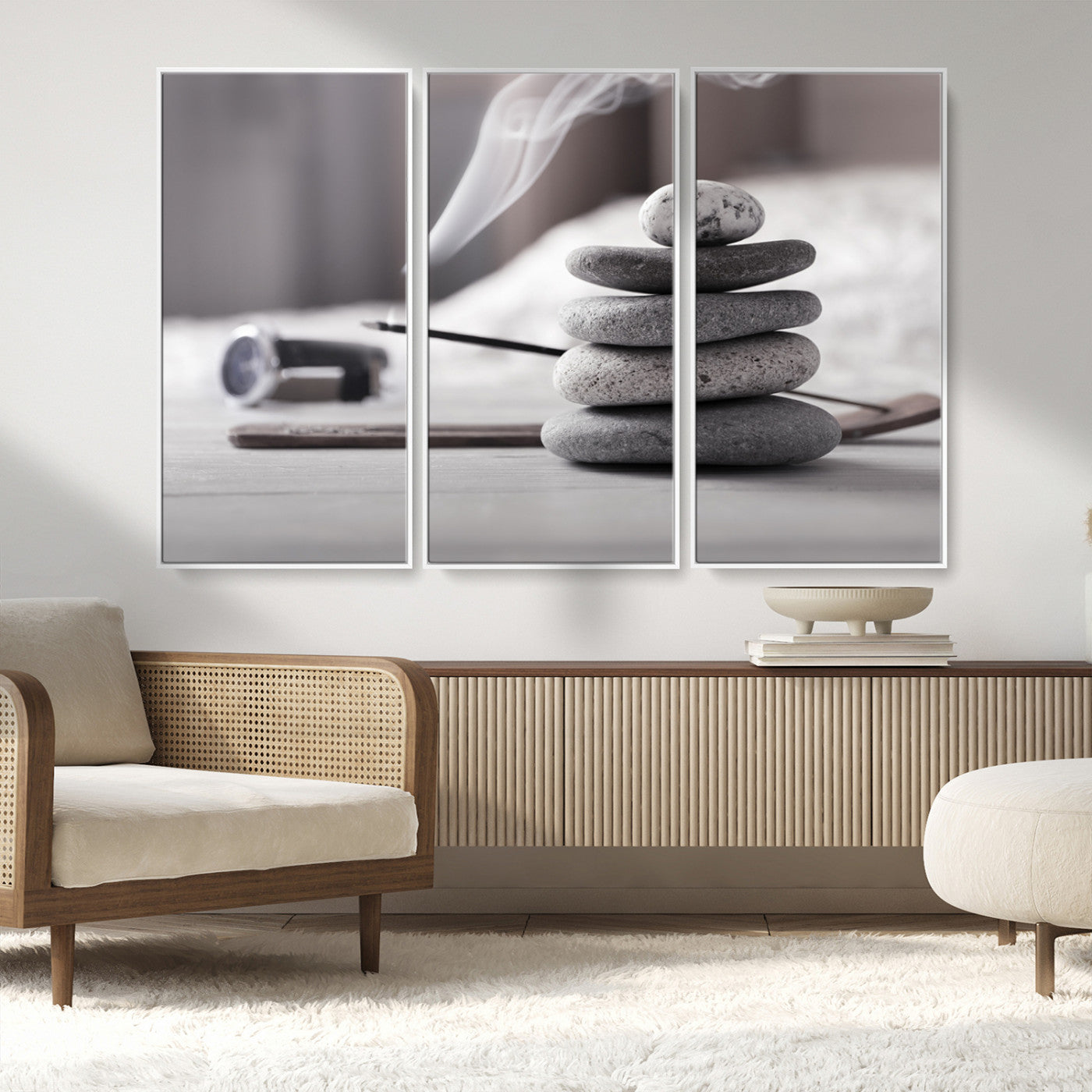 MGV-FC-48X32-3P - Burning Incense and Zen Stones Buddhism Wall Art, Zen Stones Wall Art Canvas Print