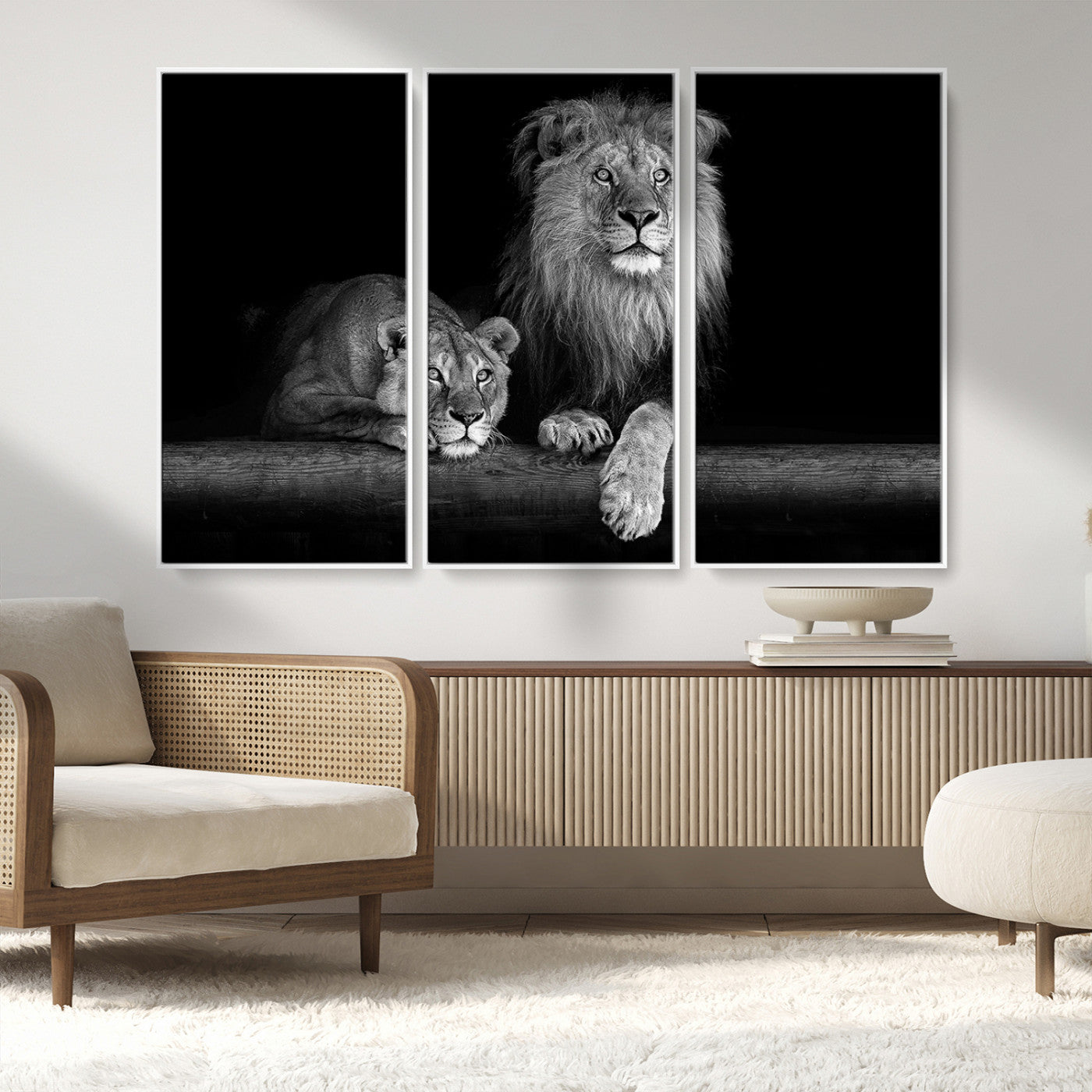 MGV-FC-48X32-3P - Large Black and White Lion Couple Wall Art Canvas Print