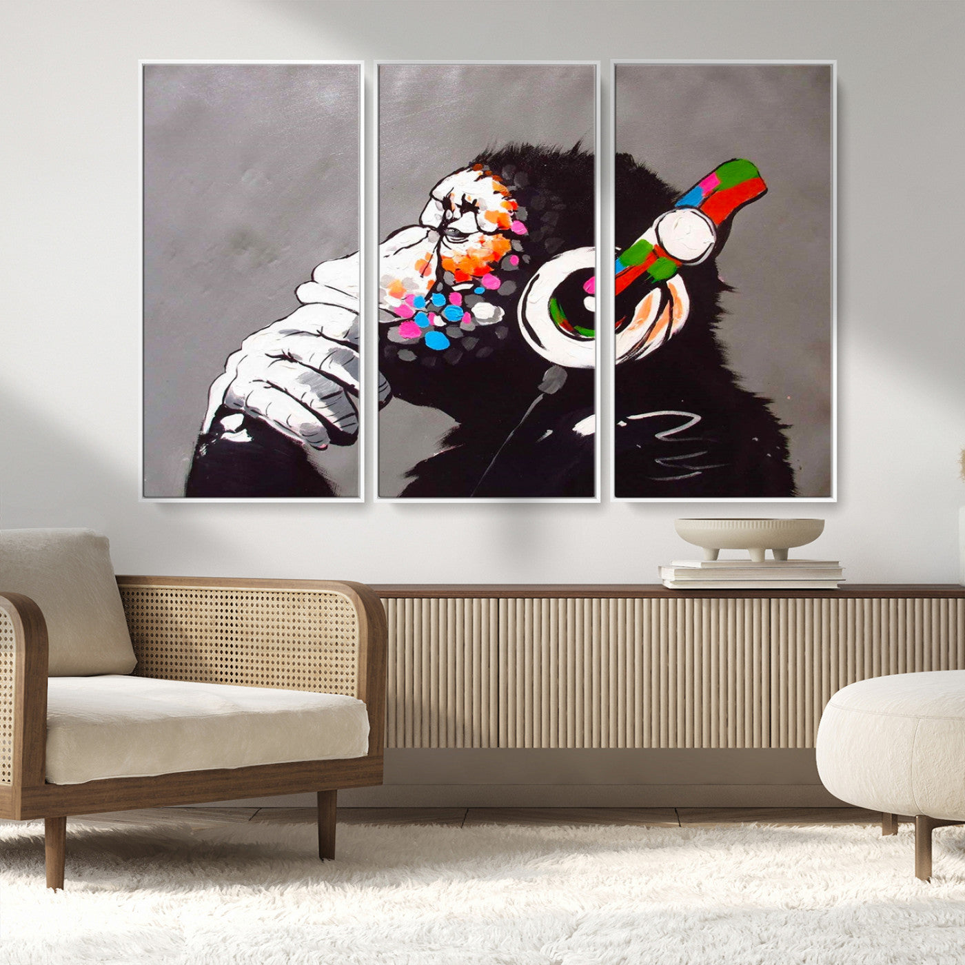 MGV-FC-48X32-3P - Dj Monkey Listening to Music Wall Art Print | Banksy Monkey Large Canvas Print for Living Room,