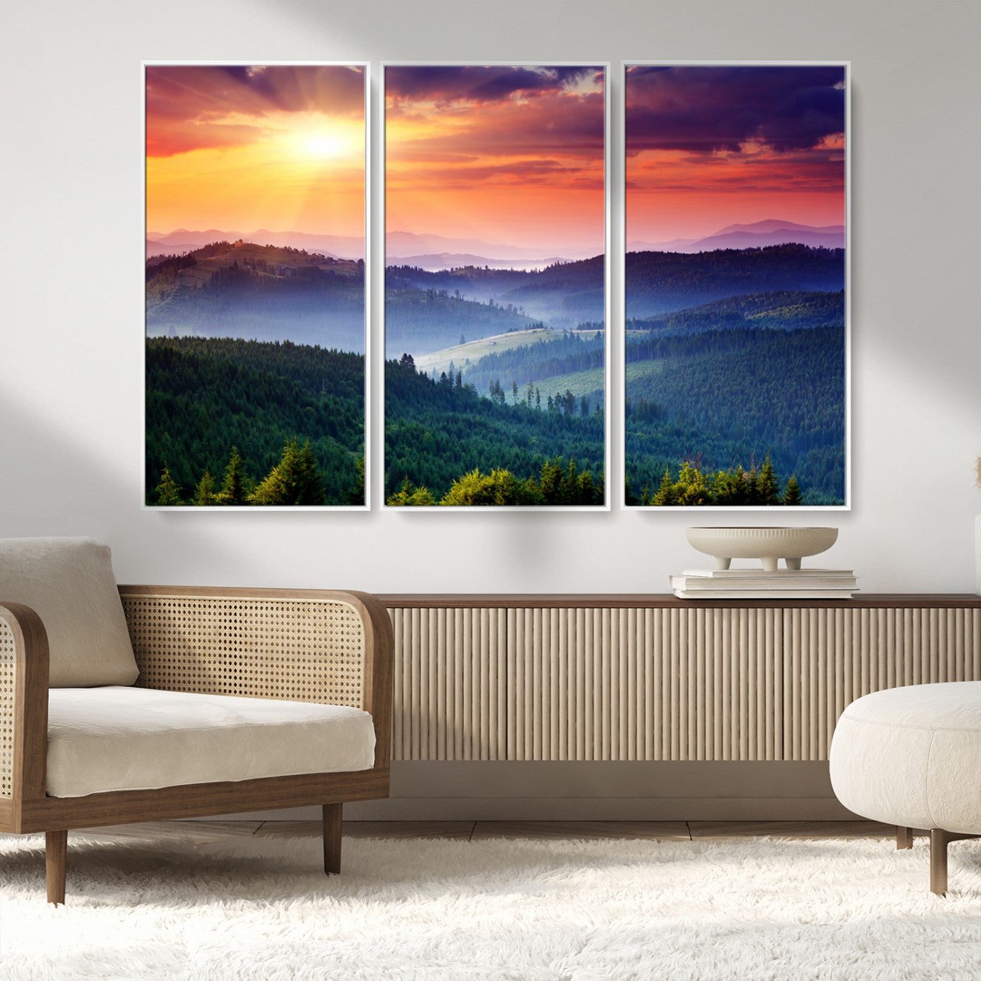 MGV-FC-48X32-3P - Beautiful Sunset over Hills Forest Landscape Canvas Wall Art Print